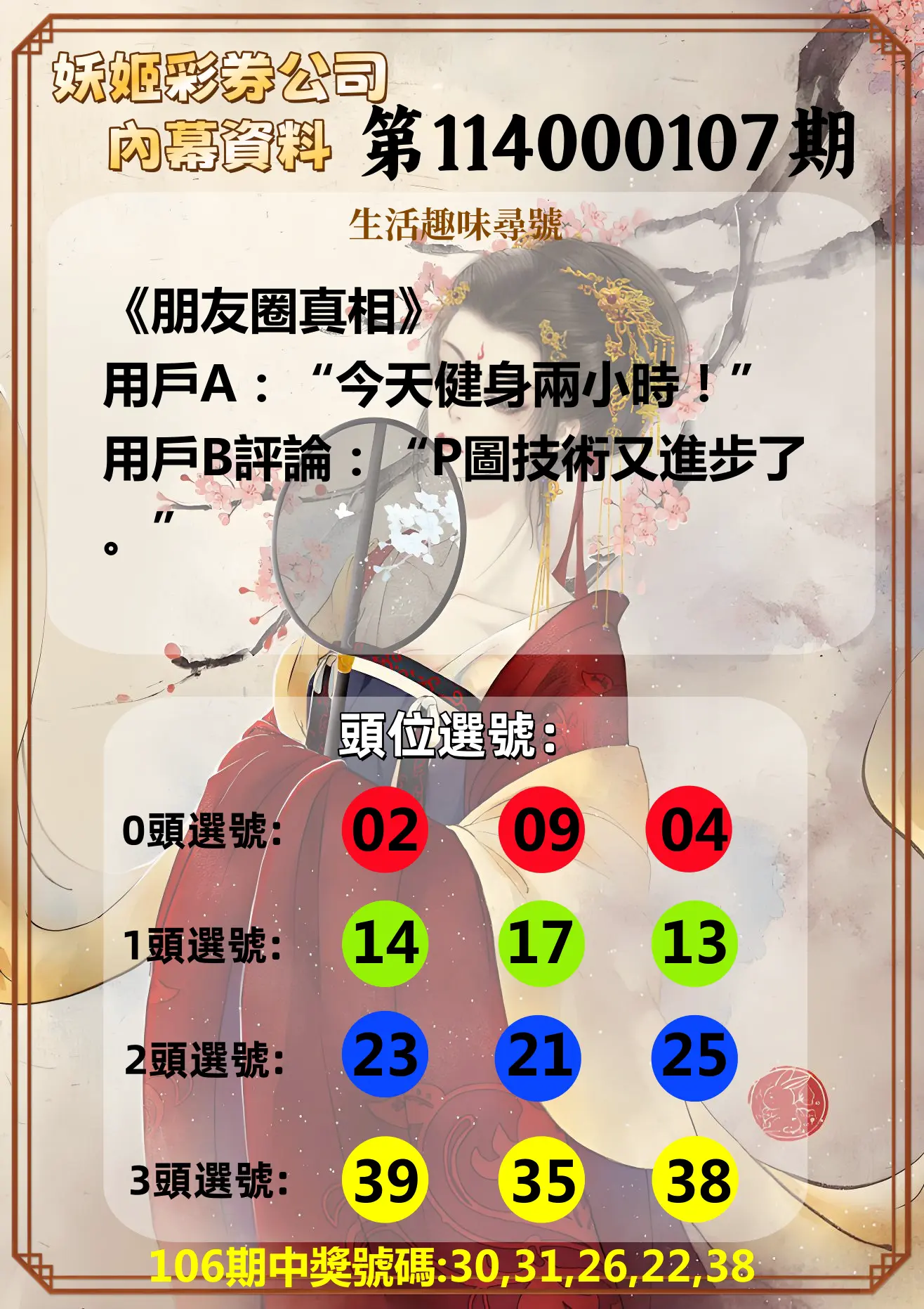 今彩539第114000107期妖姬彩券公司內幕資料