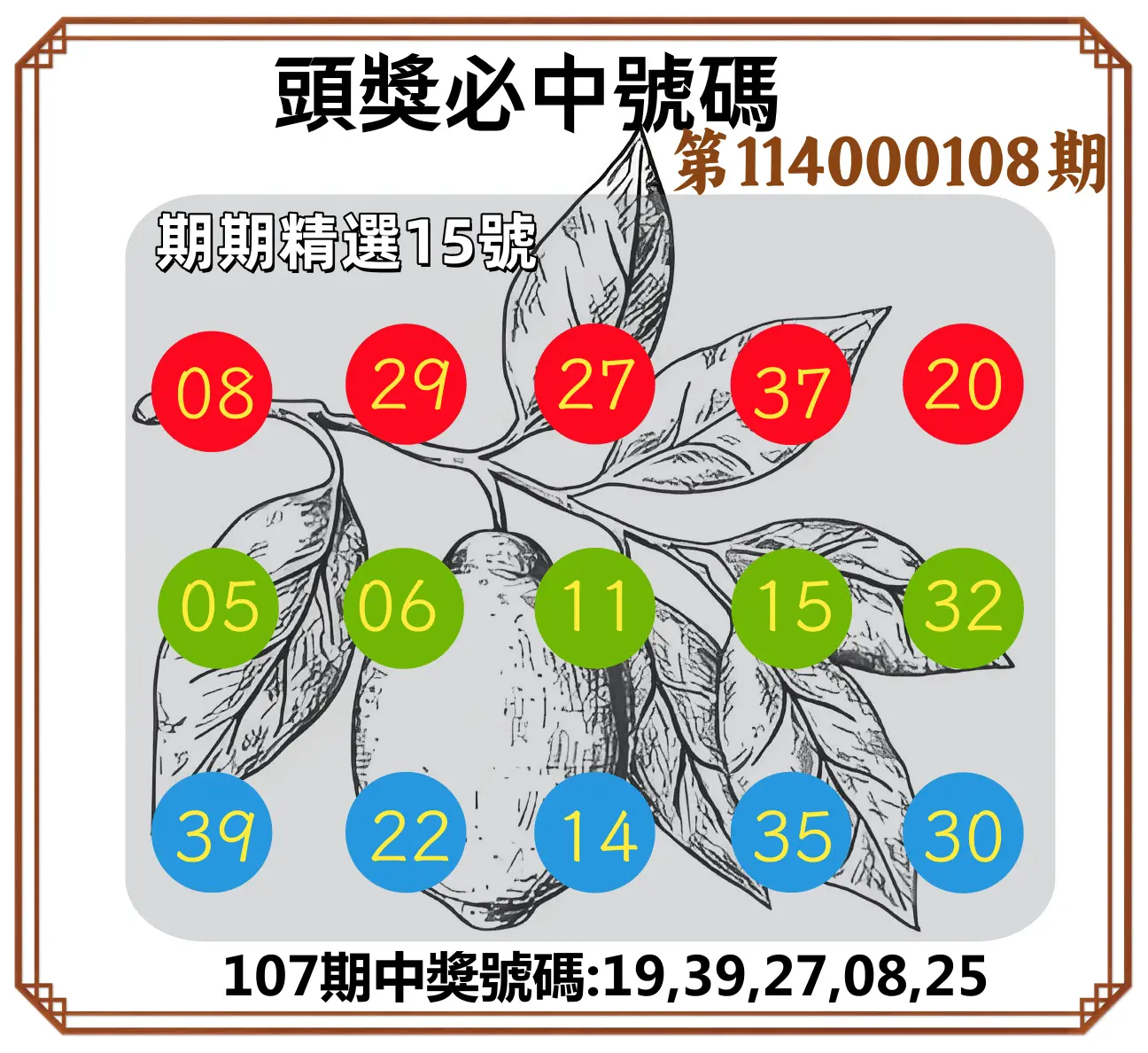 今彩539第114000108期頭獎號碼