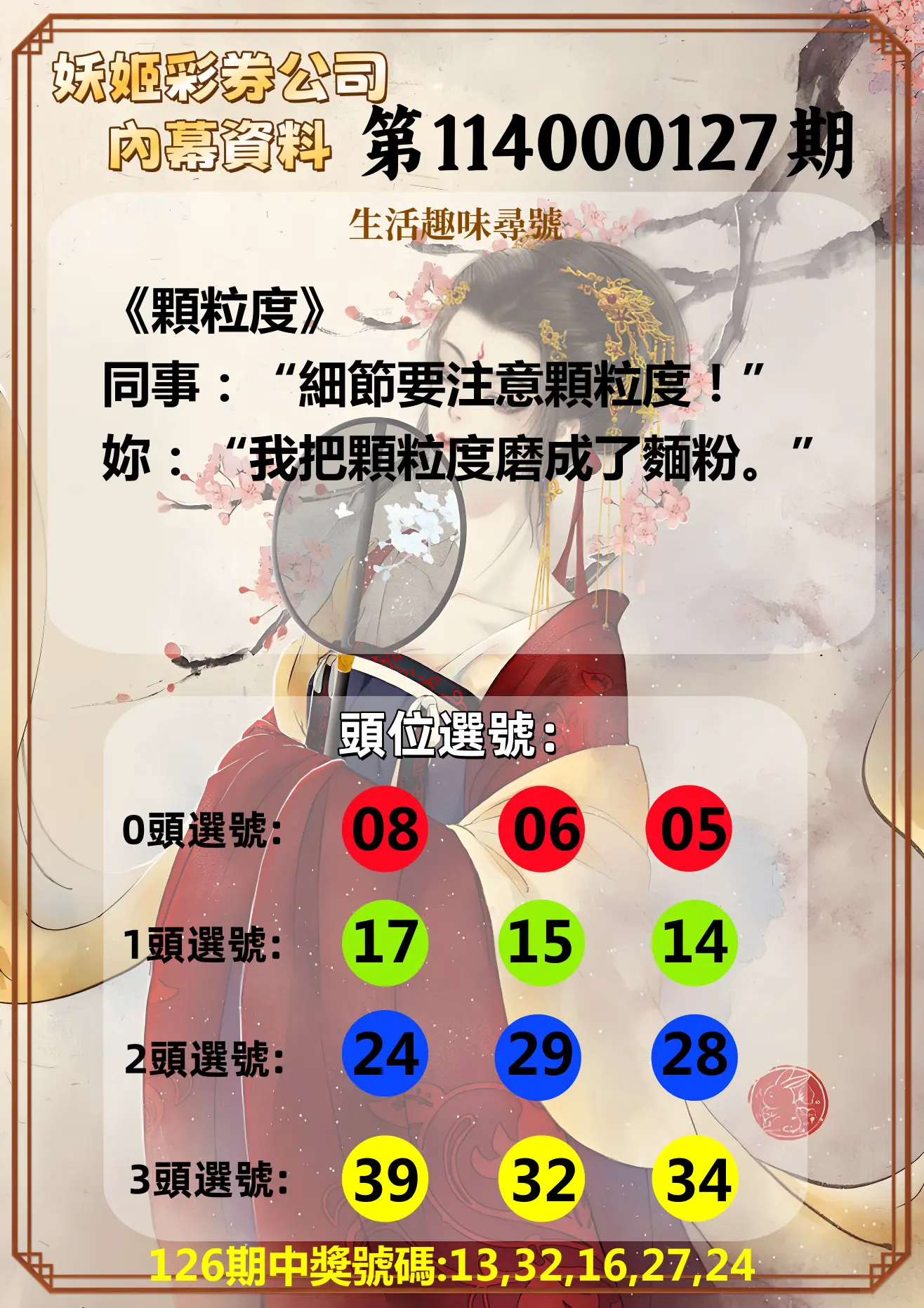 今彩539第114000127期妖姬彩券公司內幕資料
