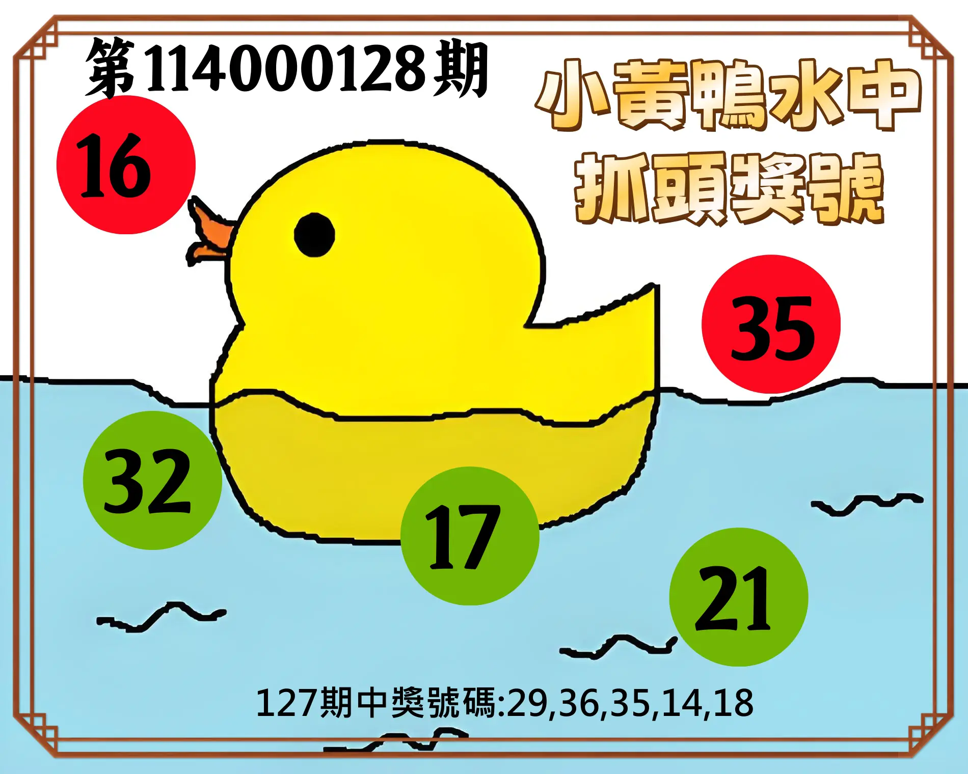今彩539第114000128期小黃鴨水中抓頭獎號