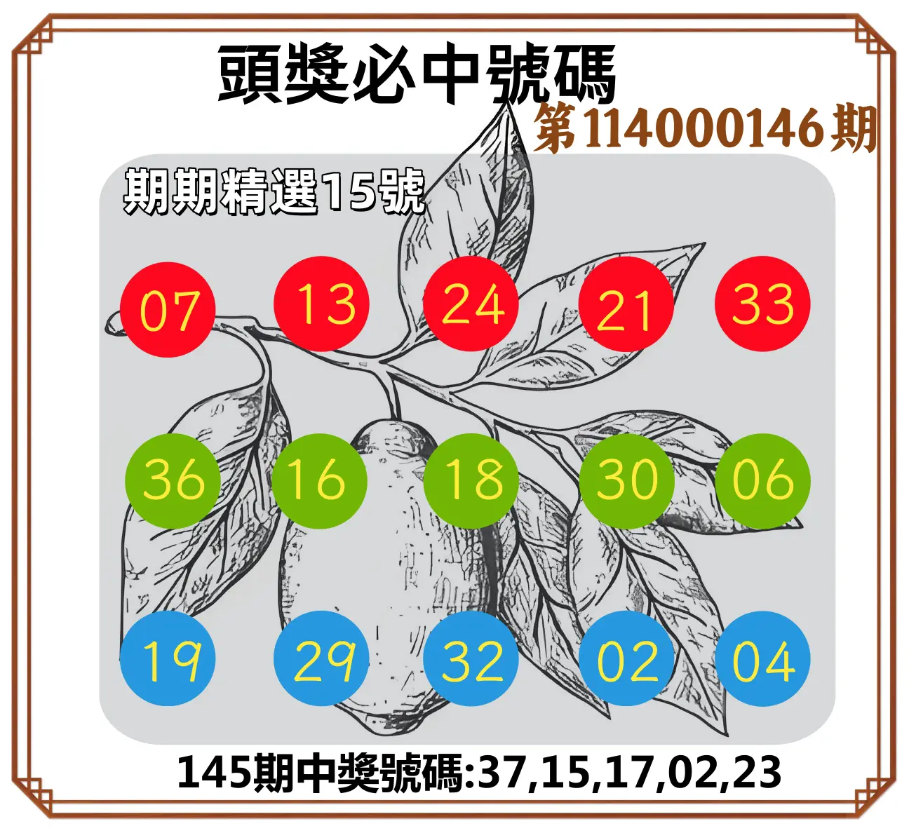 今彩539第114000146期頭獎號碼