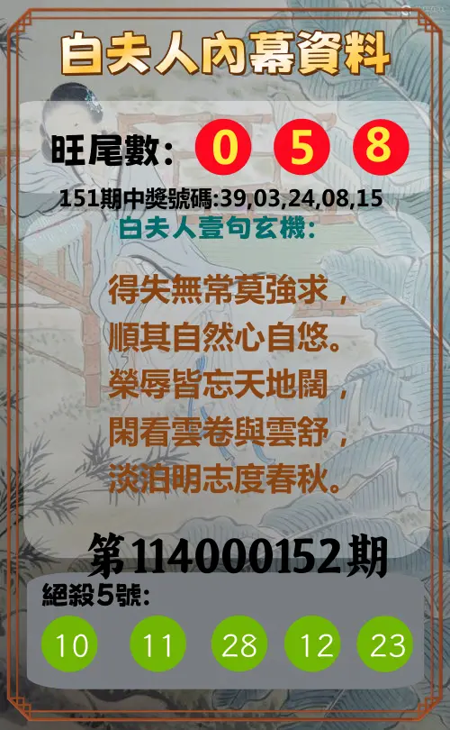 今彩539第114000152期白夫人內幕資料