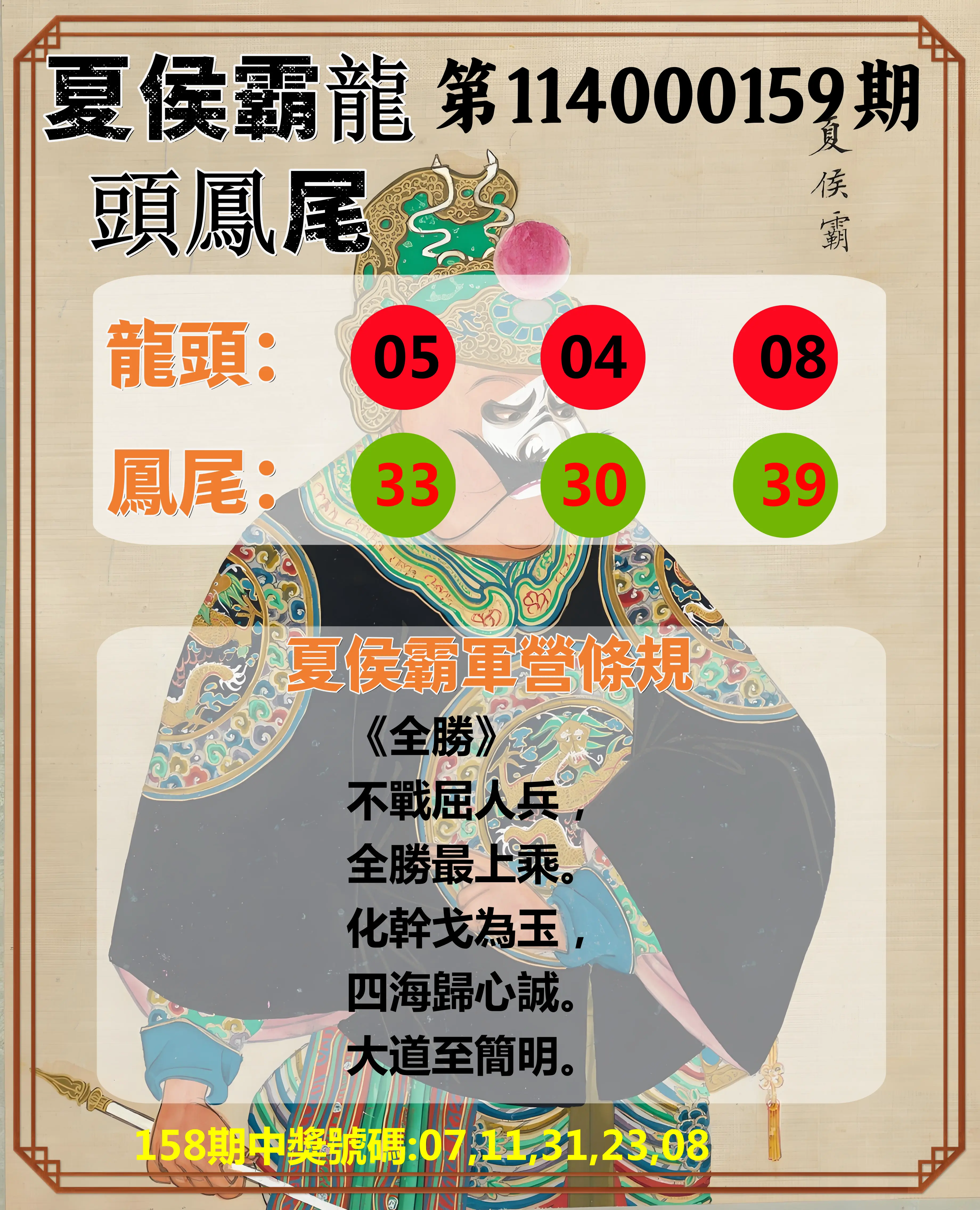 今彩539第114000159期夏侯霸龍頭鳳尾
