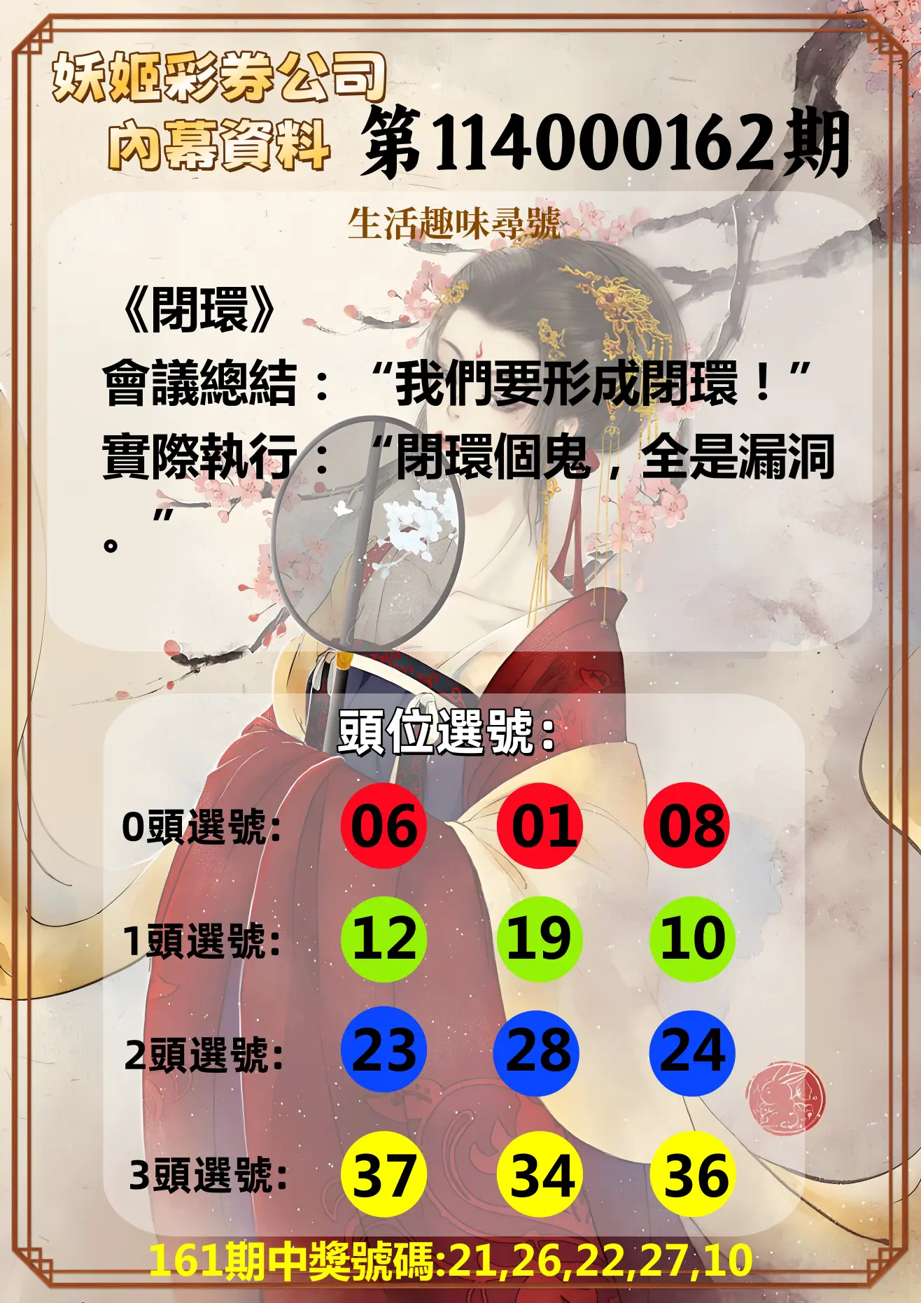 今彩539第114000162期(07/04)妖姬彩券公司內幕資料