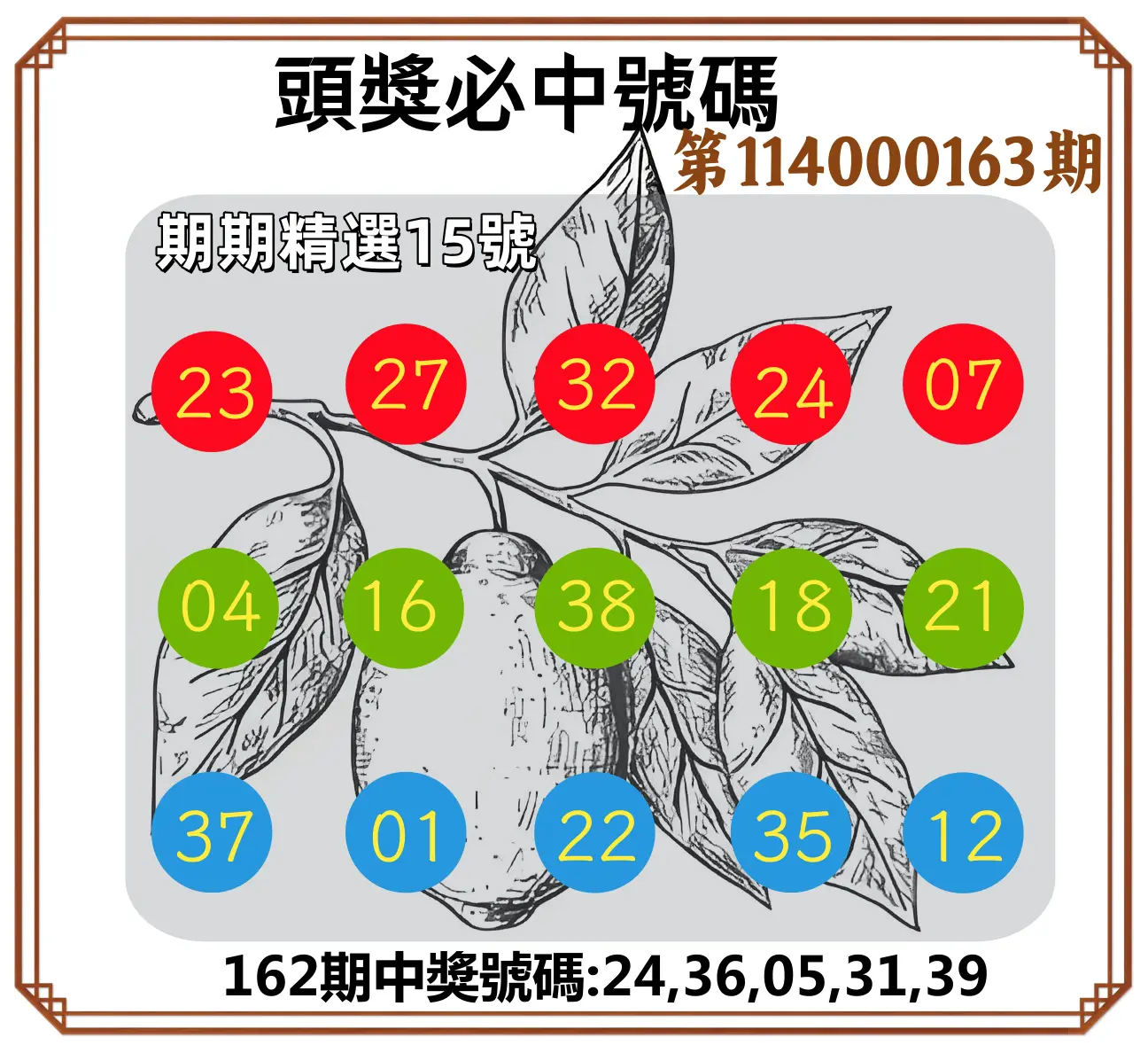 今彩539第114000163期(07/07)頭獎號碼