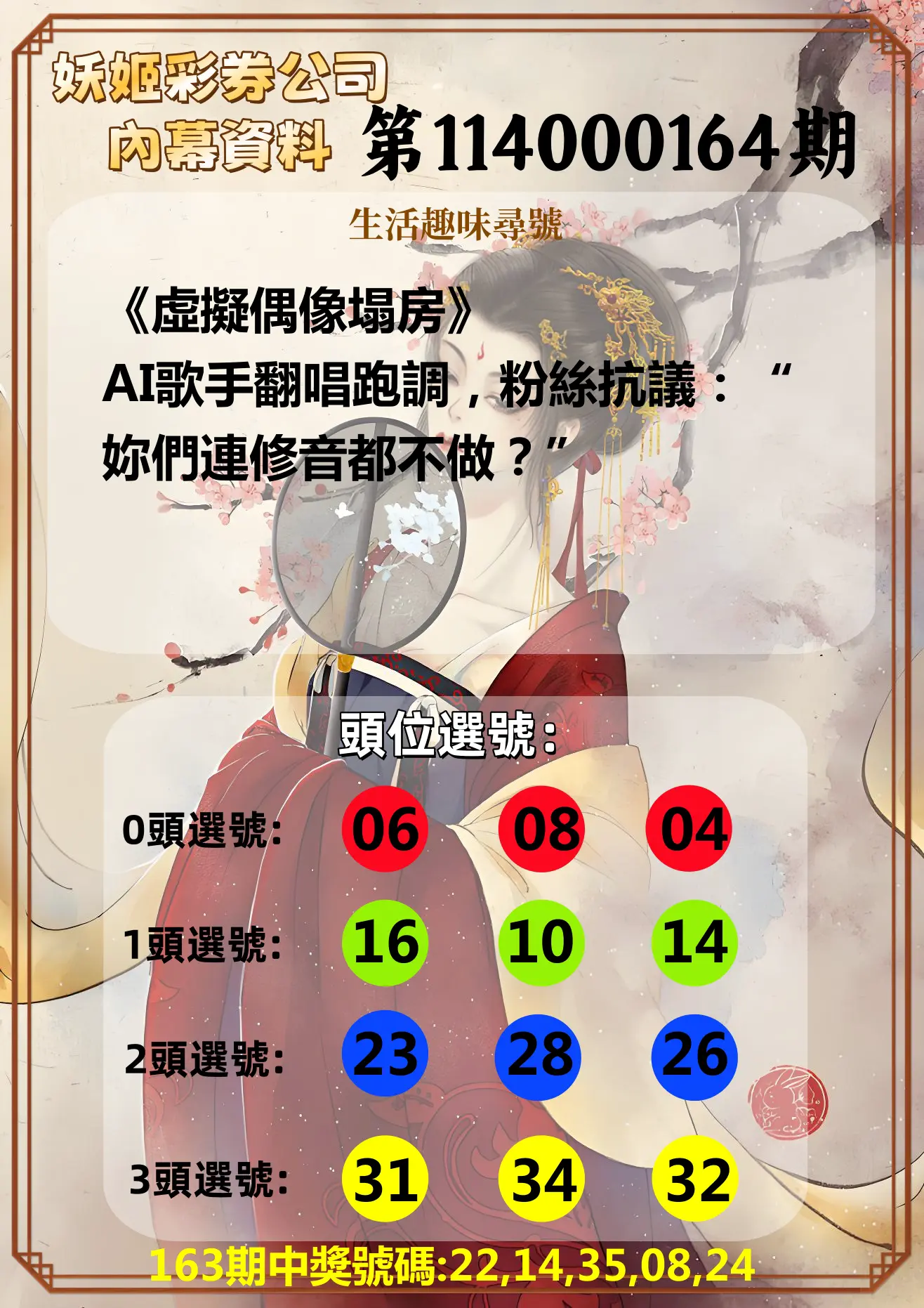 今彩539第114000164期(07/08)妖姬彩券公司內幕資料