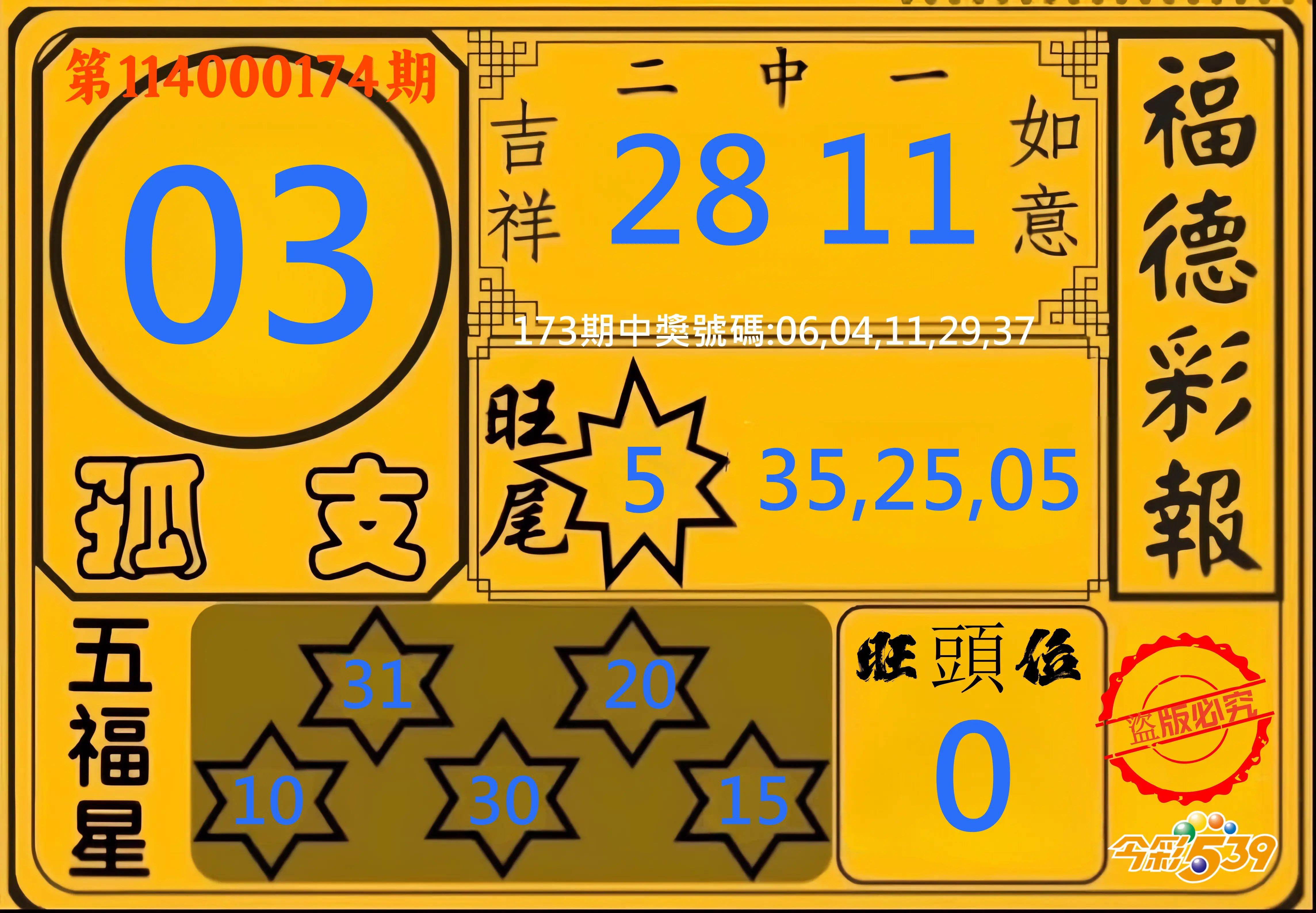 今彩539第114000174期(07/18)今彩539德福彩報牌預測