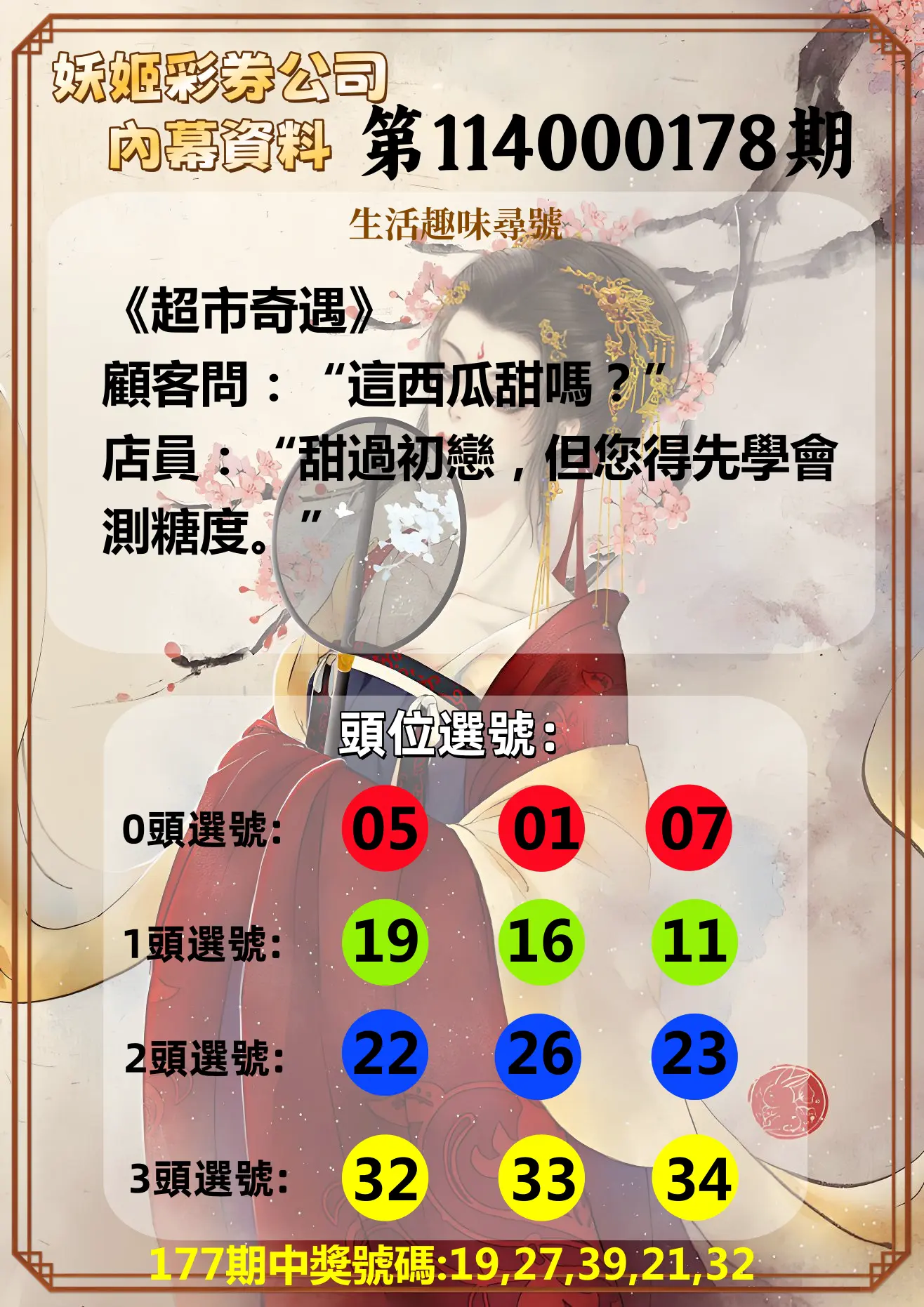 今彩539第114000178期(07/23)妖姬彩券公司內幕資料