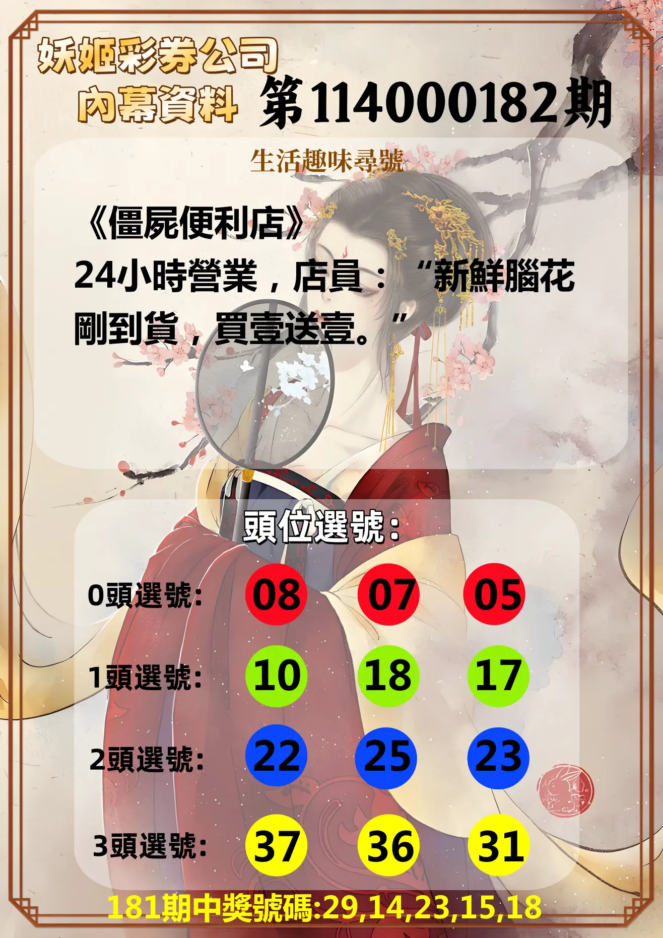 今彩539第114000182期(07/28)妖姬彩券公司內幕資料