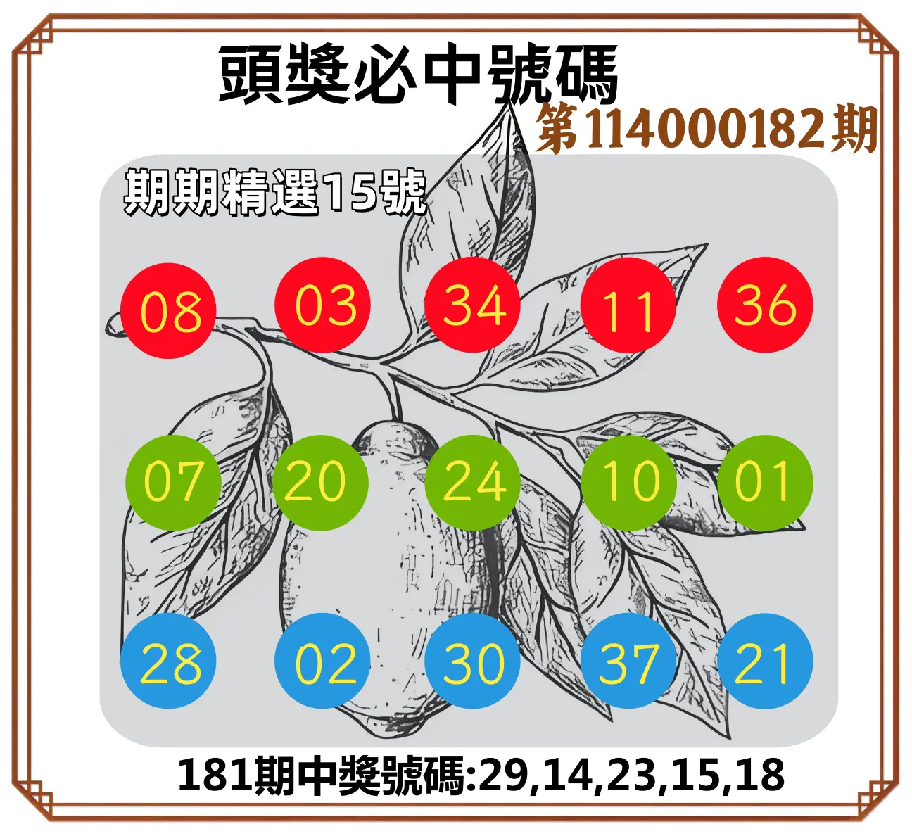 今彩539第114000182期(07/28)頭獎號碼