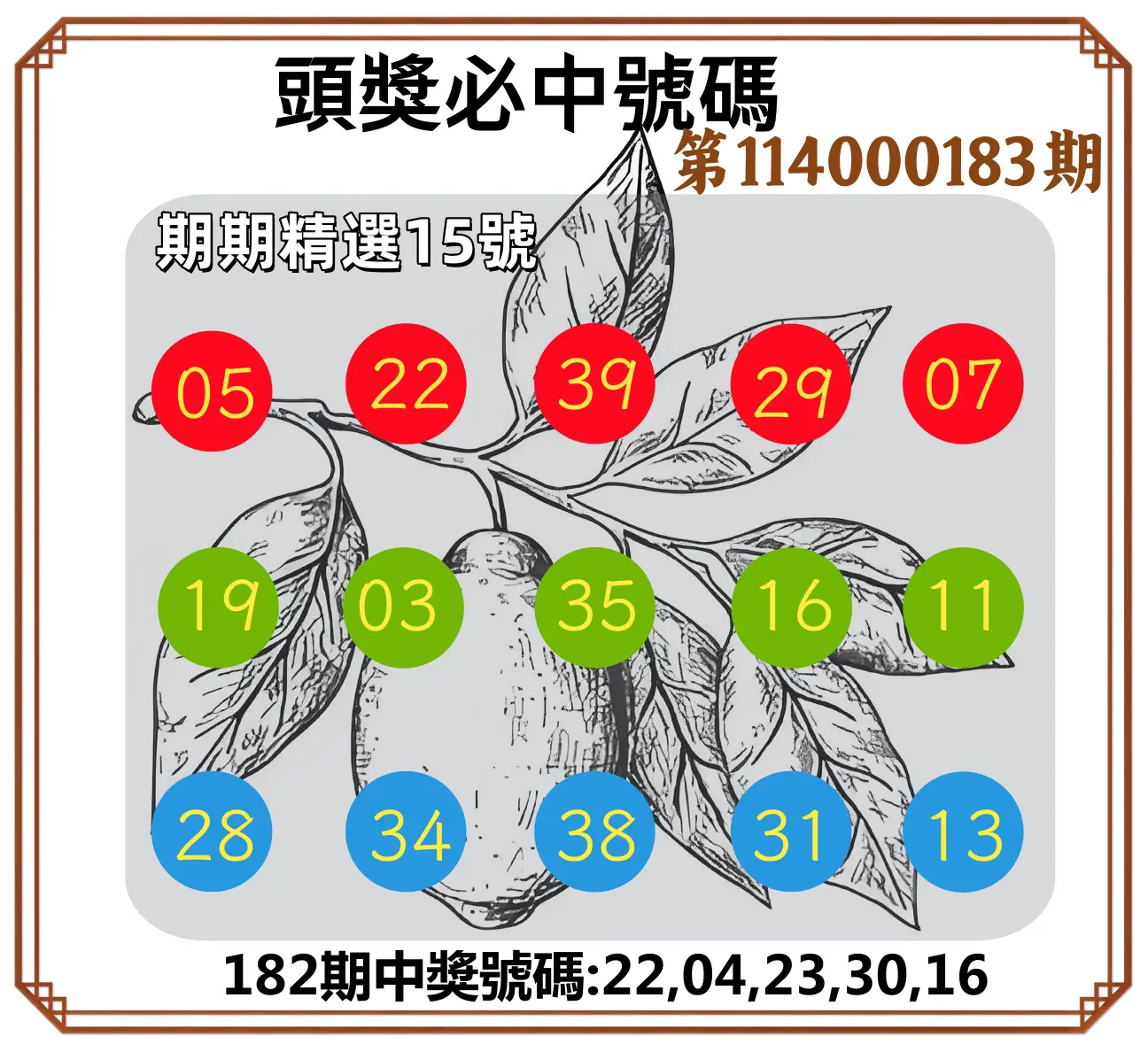 今彩539第114000183期(07/29)頭獎號碼