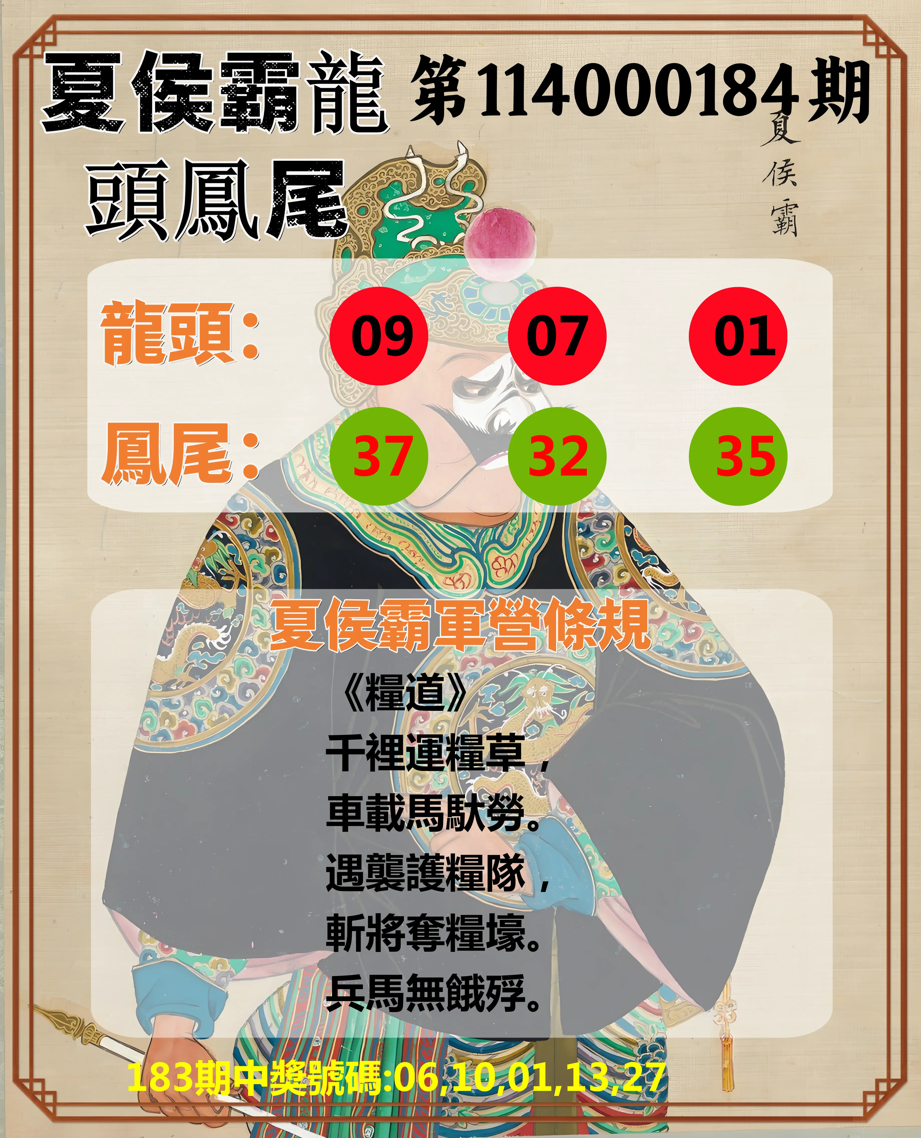 今彩539第114000184期(07/30)夏侯霸龍頭鳳尾