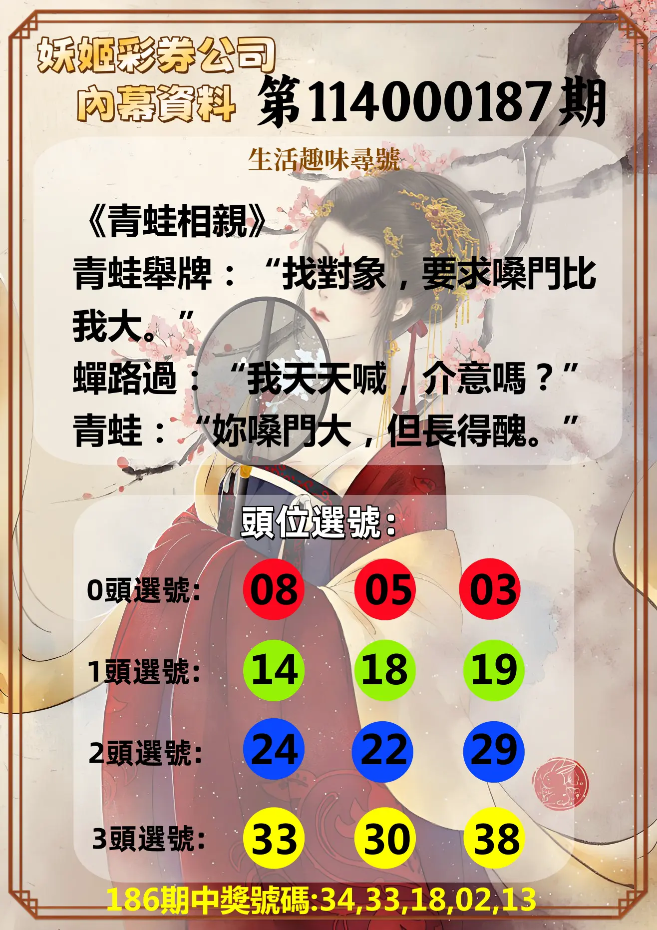 今彩539第114000187期(08/02)妖姬彩券公司內幕資料