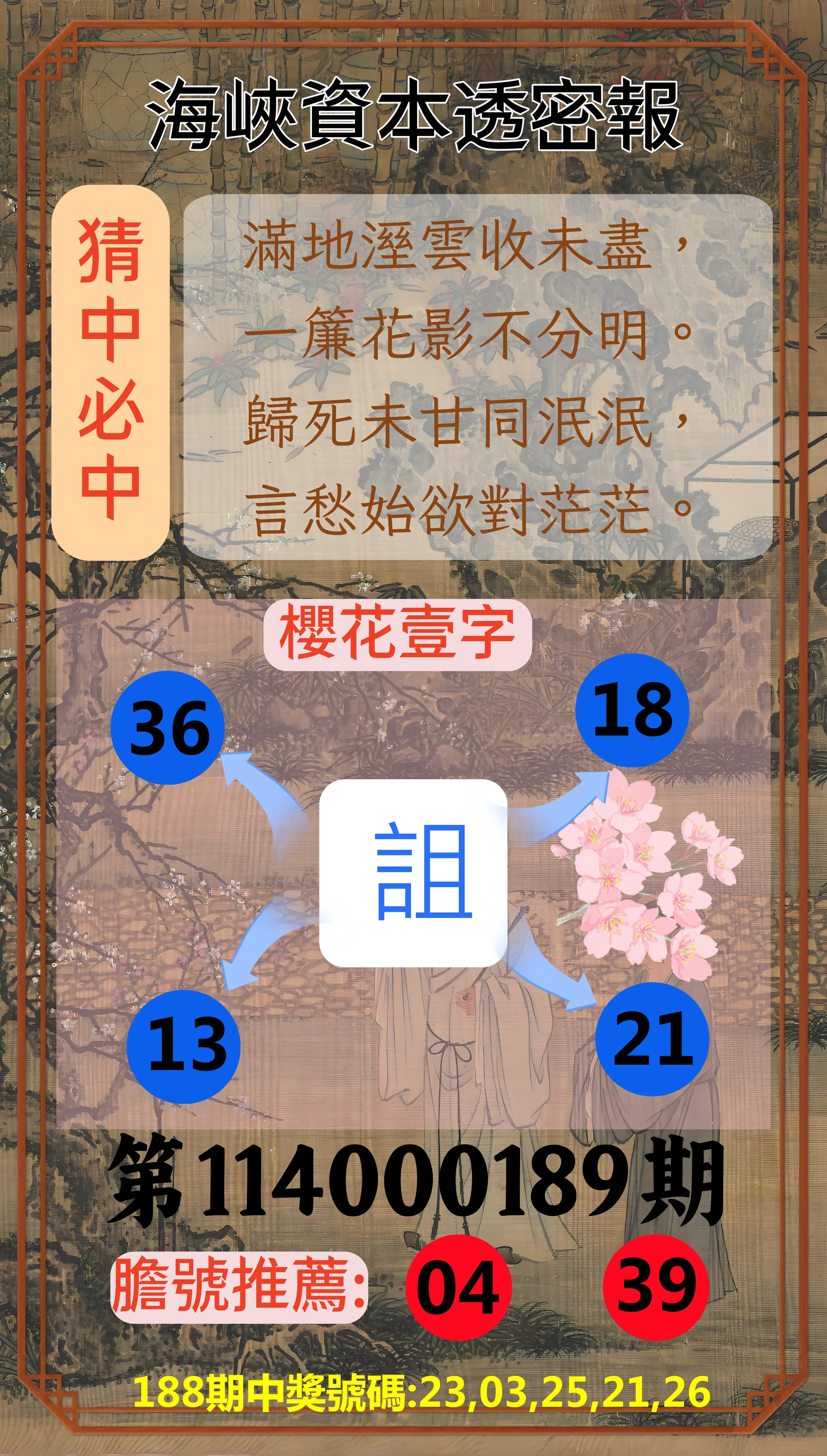 今彩539第114000189期(08/05)海峽資本透密報