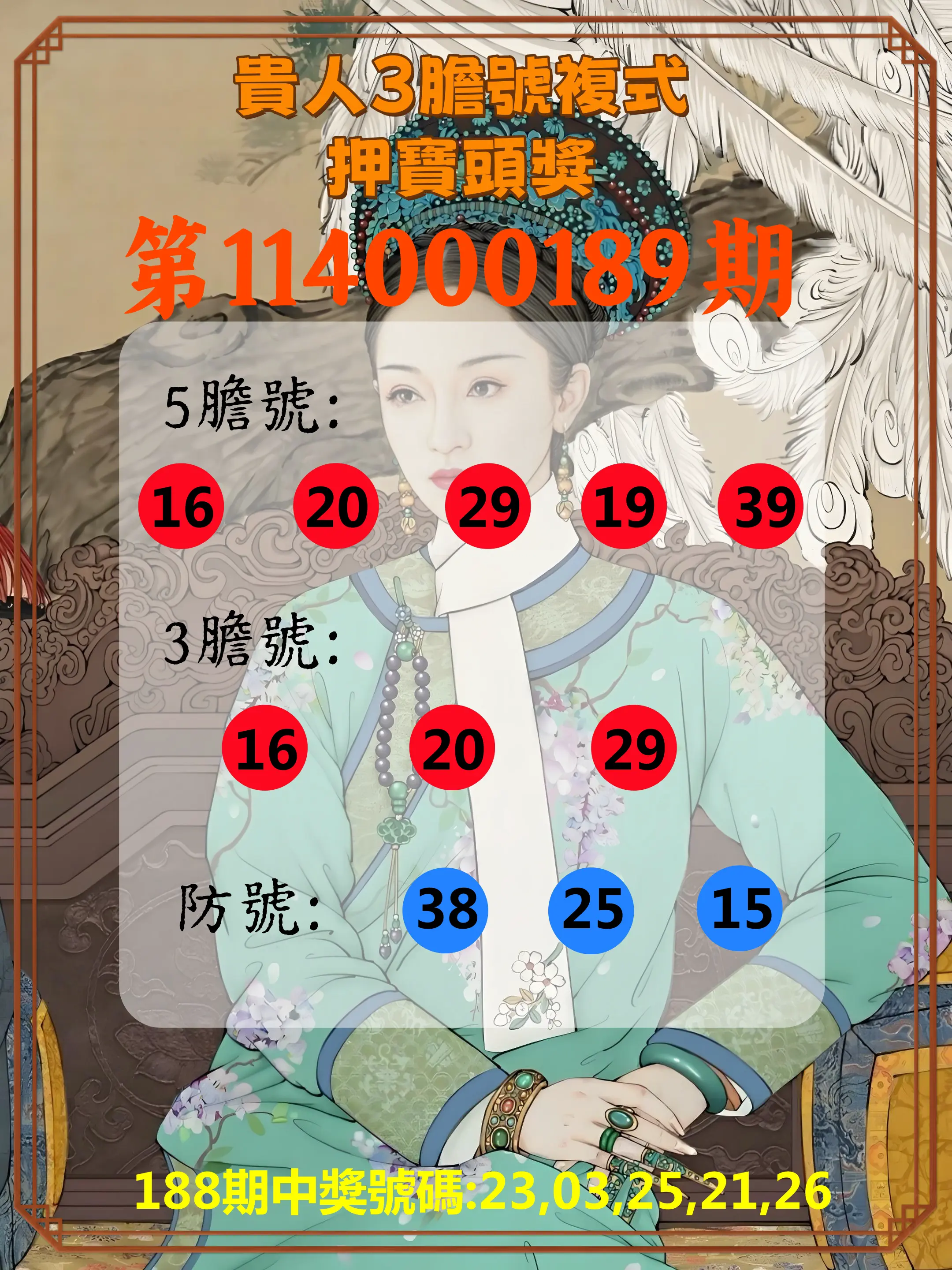 今彩539第114000189期(08/05)貴人3膽號複式押寶頭獎