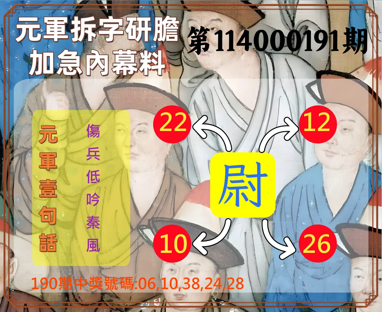 今彩539第114000191期(08/07)元軍拆字研膽加急內幕料