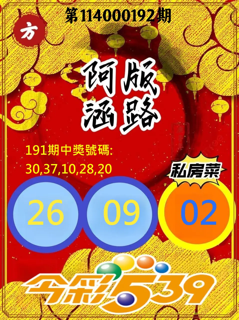 今彩539第114000192期(08/08)今彩539阿涵版路3號