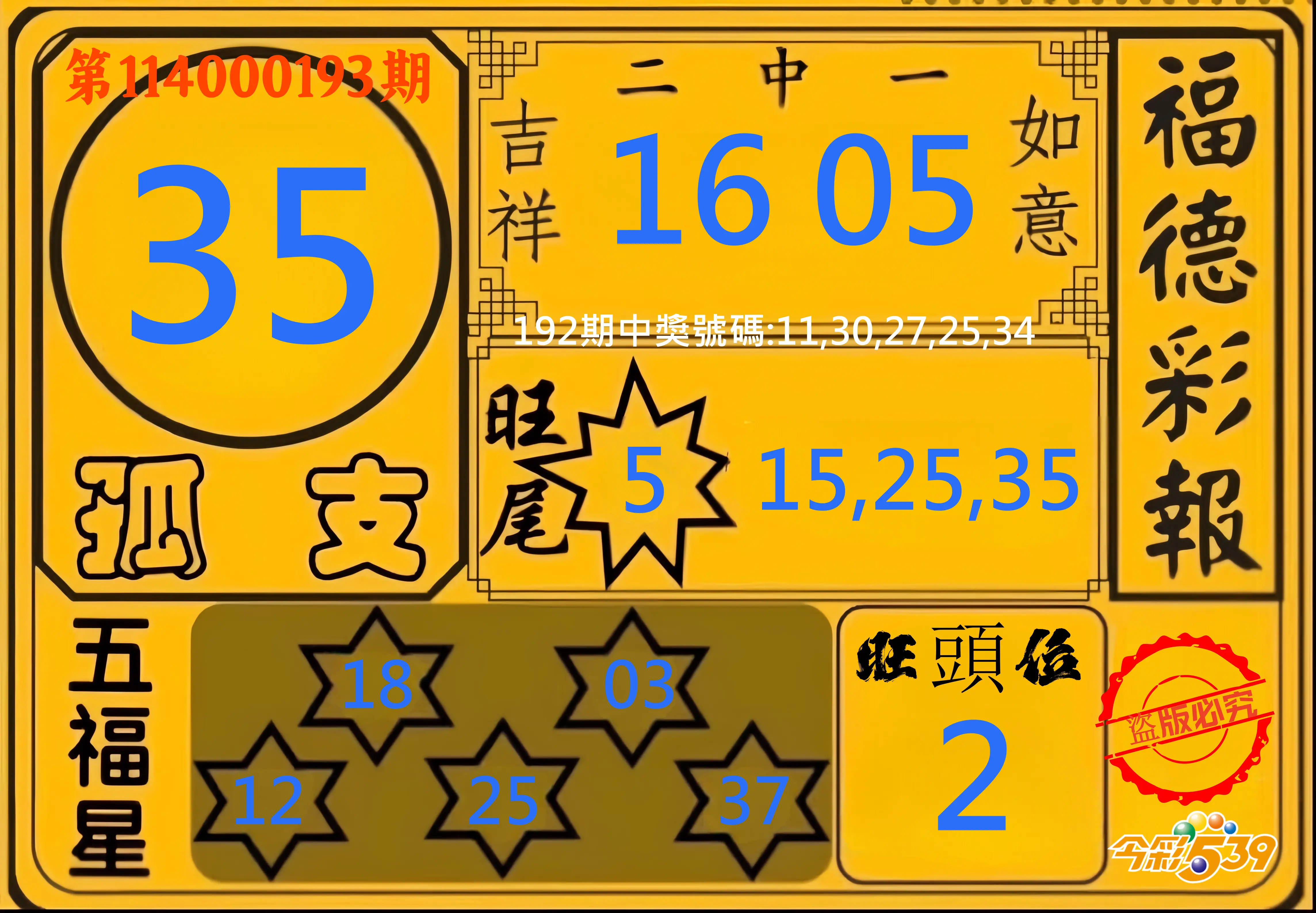 今彩539第114000193期(08/09)今彩539德福彩報牌預測