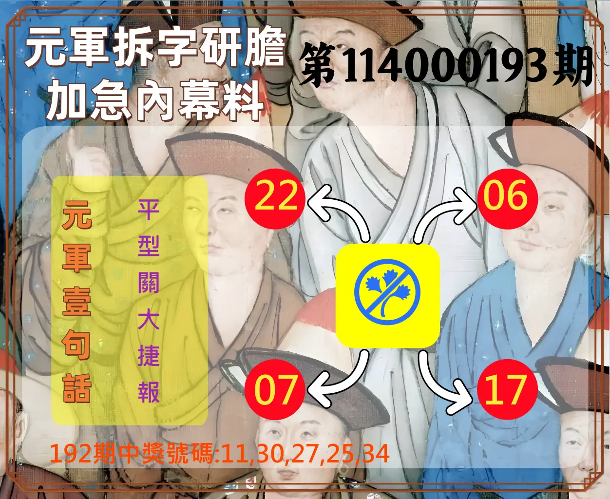 今彩539第114000193期(08/09)元軍拆字研膽加急內幕料