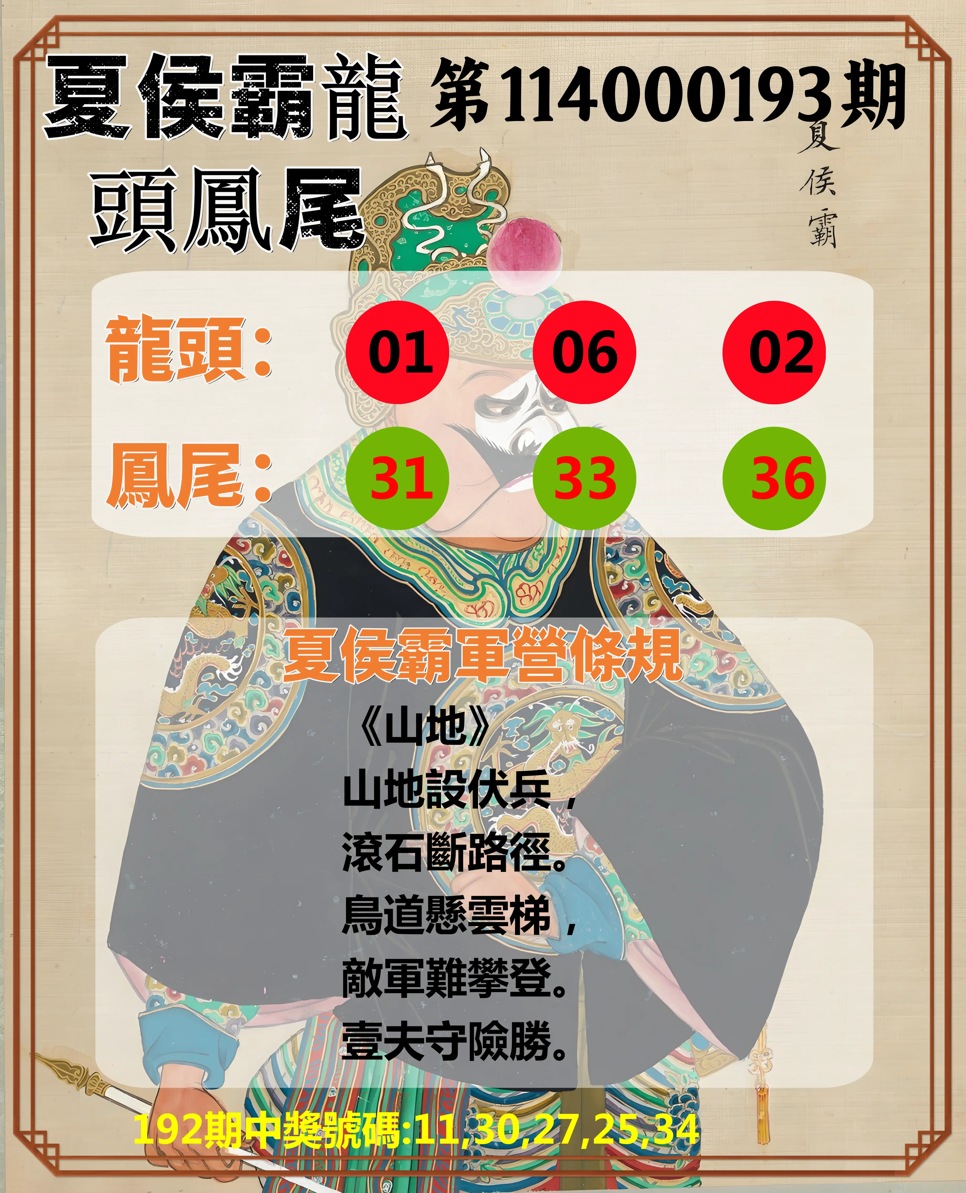 今彩539第114000193期(08/09)夏侯霸龍頭鳳尾