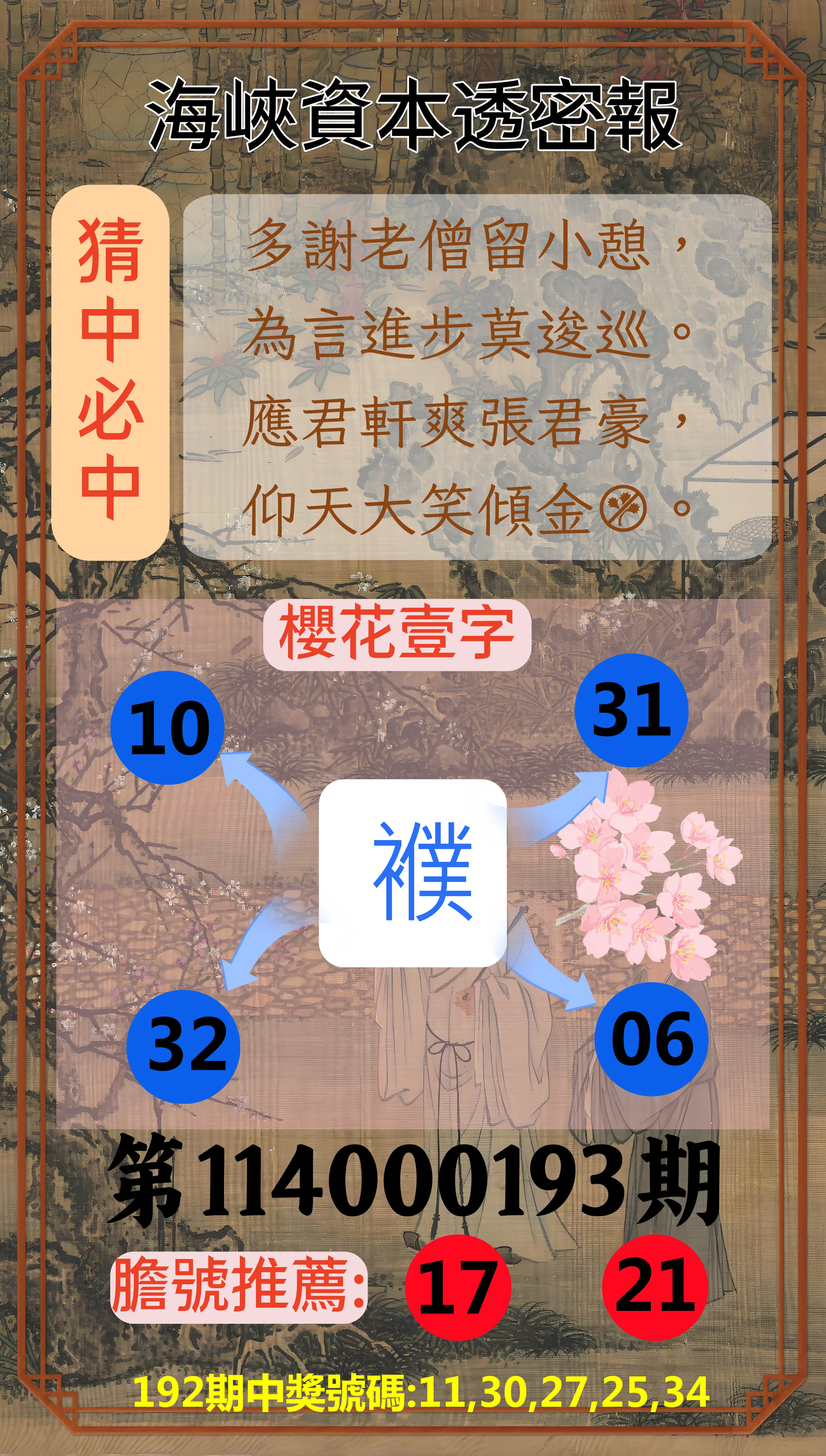 今彩539第114000193期(08/09)海峽資本透密報