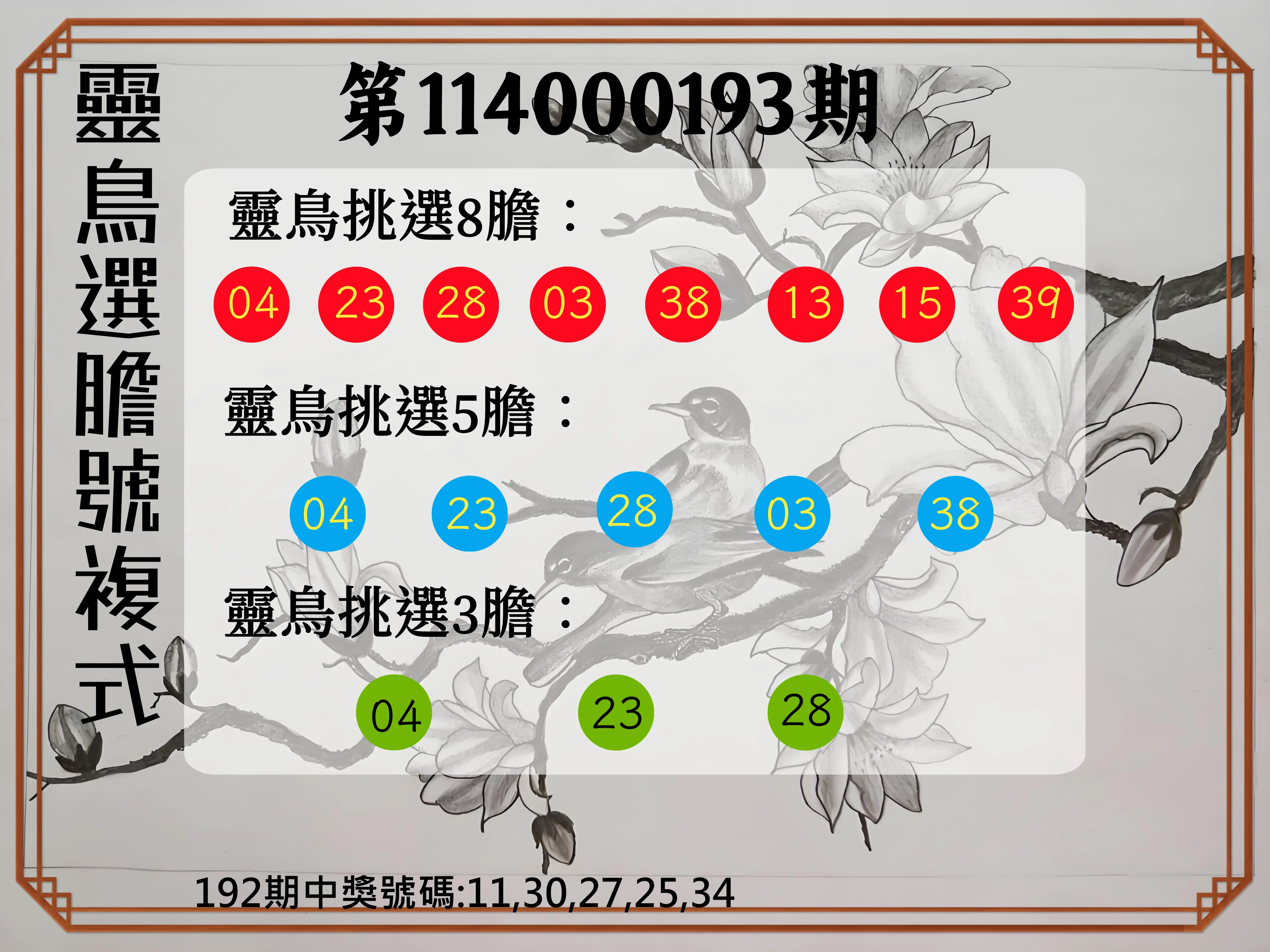 今彩539第114000193期(08/09)靈鳥選膽號複式