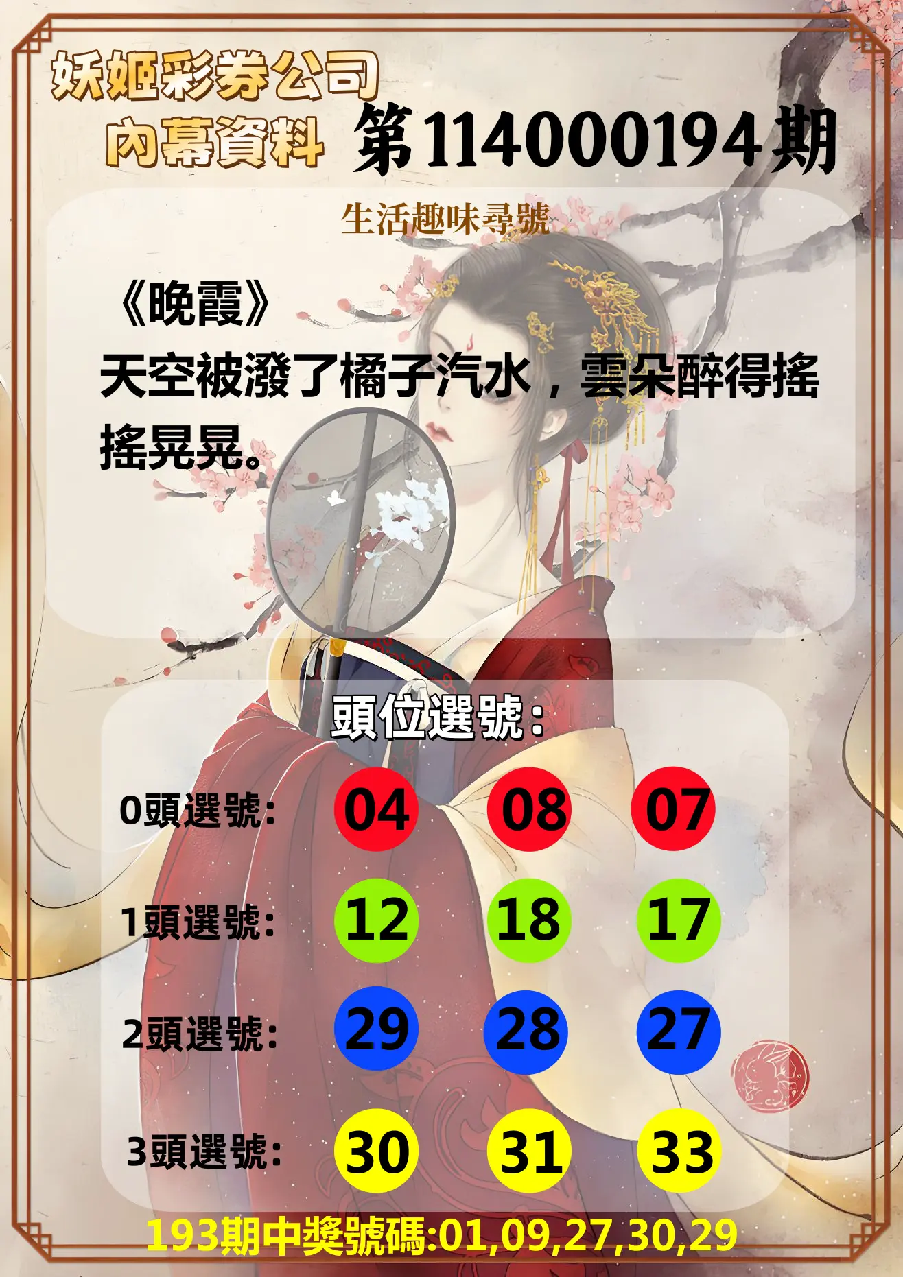 今彩539第114000194期(08/11)妖姬彩券公司內幕資料