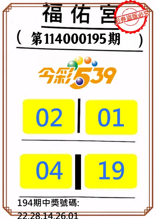 今彩539第114000195期(08/12)正版今彩539福佑宮牌號