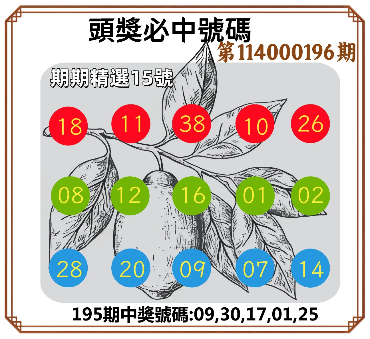 今彩539第114000196期(08/13)頭獎號碼
