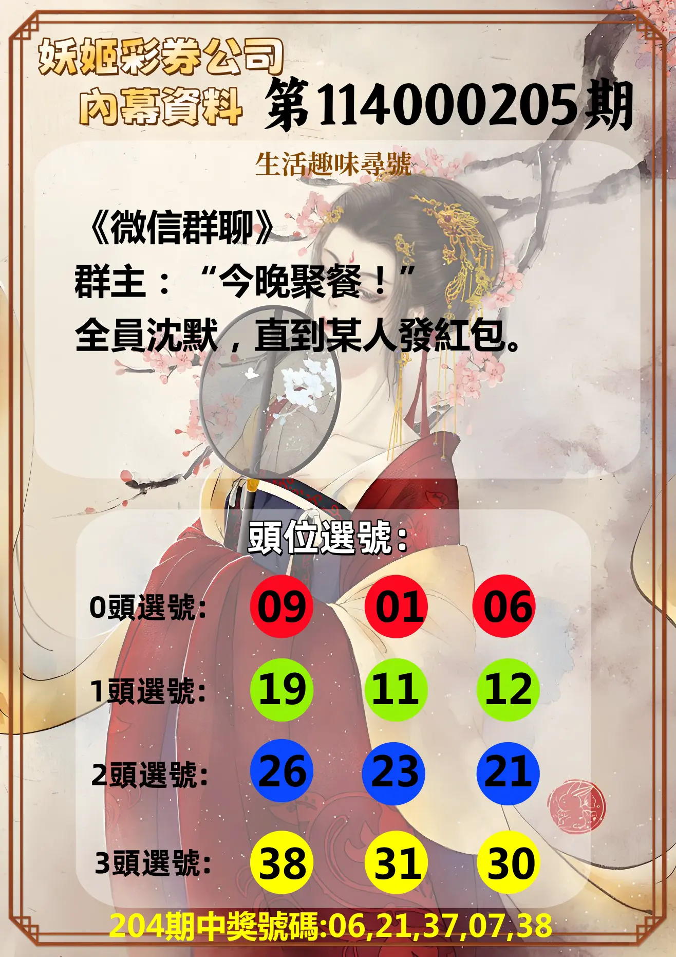 今彩539第114000205期(08/23)妖姬彩券公司內幕資料