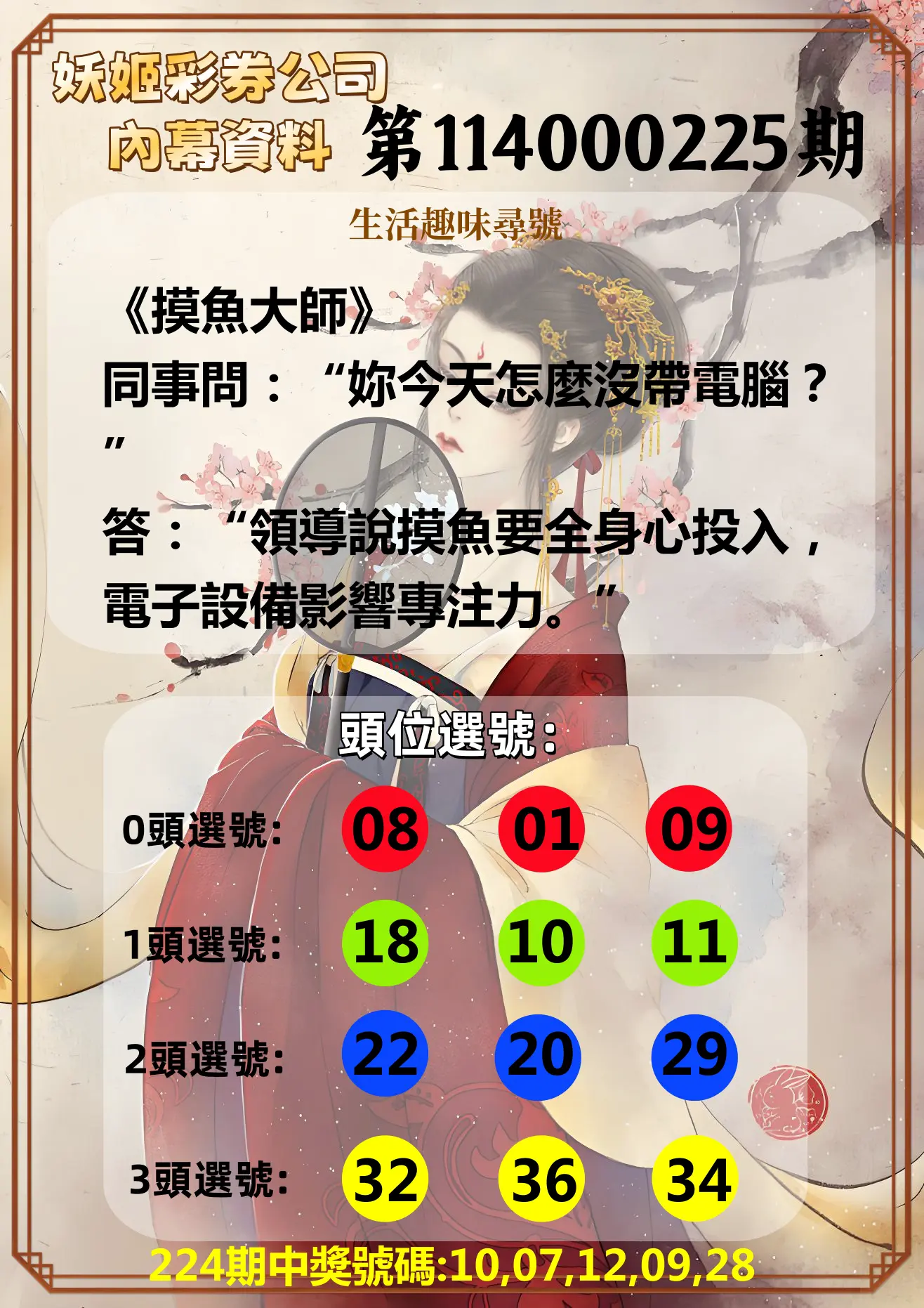 今彩539第114000225期(09/16)妖姬彩券公司內幕資料