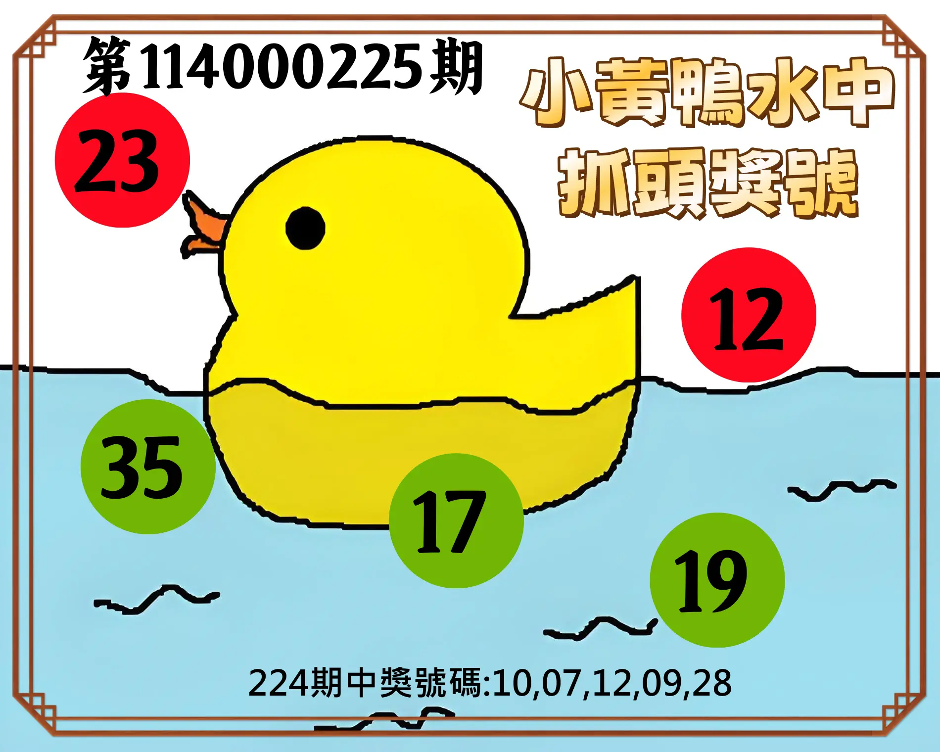 今彩539第114000225期(09/16)小黃鴨水中抓頭獎號