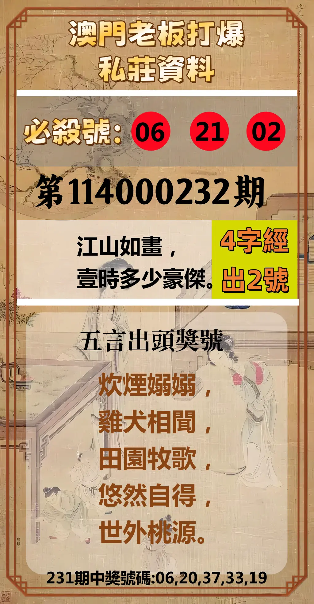 今彩539第114000232期(09/24)澳門老板打爆私莊資料