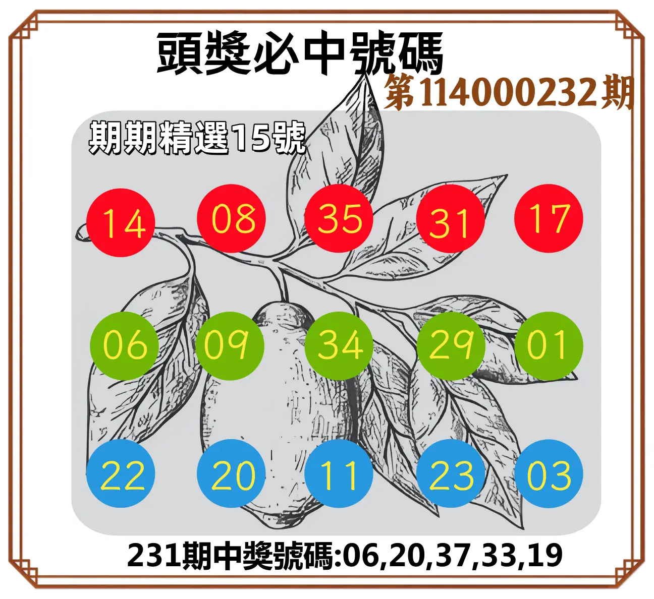 今彩539第114000232期(09/24)頭獎號碼
