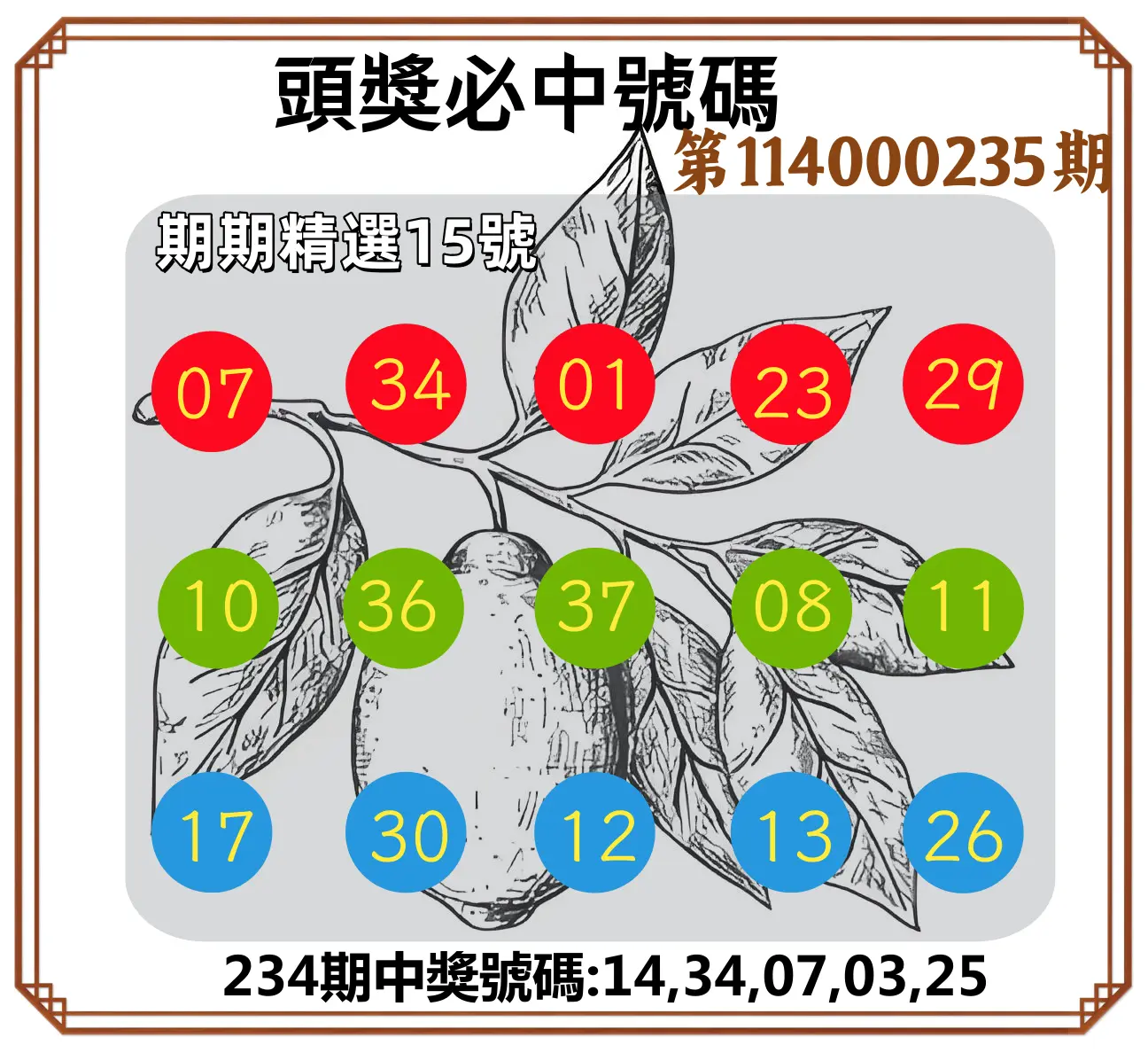 今彩539第114000235期(09/27)頭獎號碼