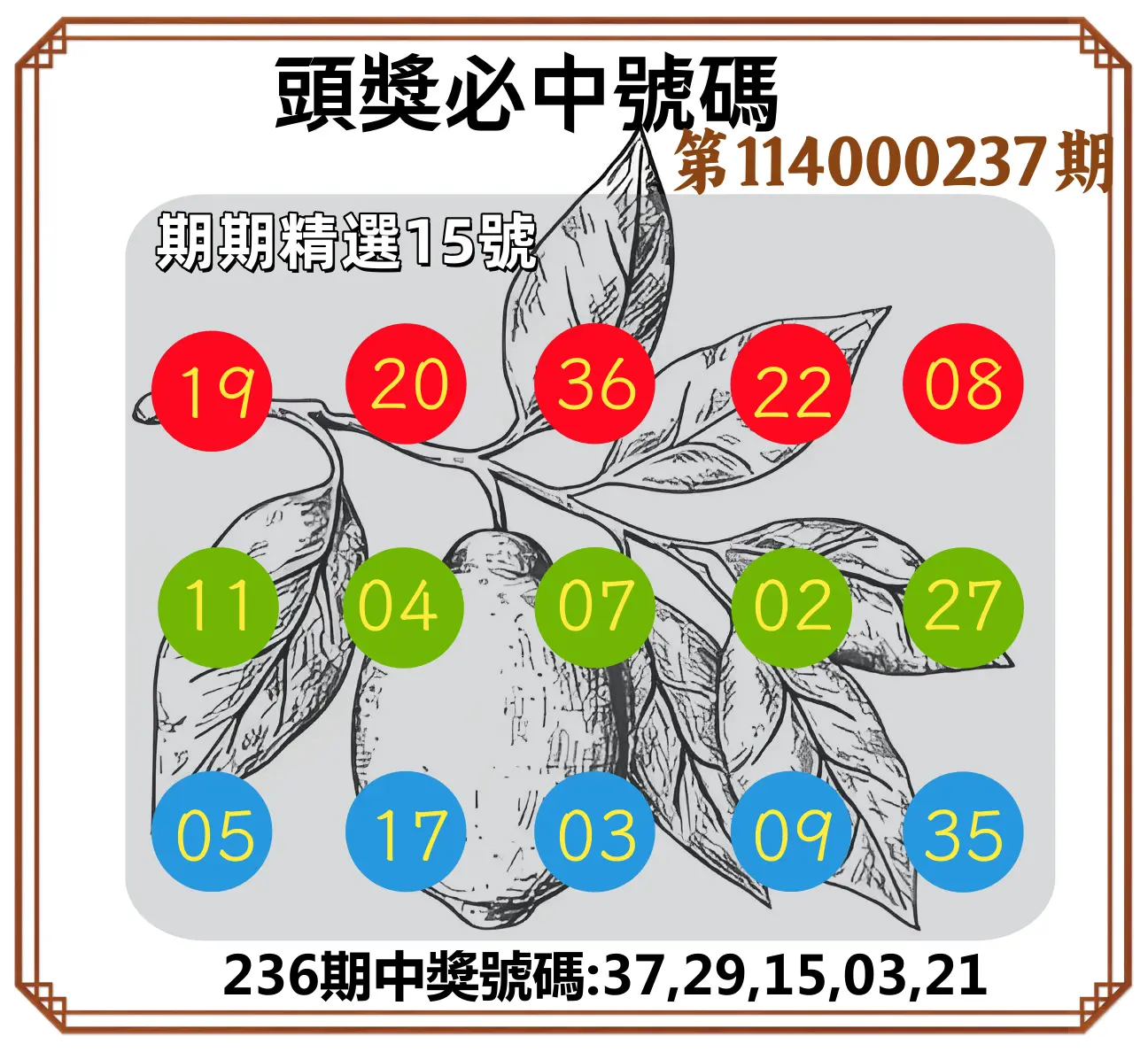 今彩539第114000237期(09/30)頭獎號碼
