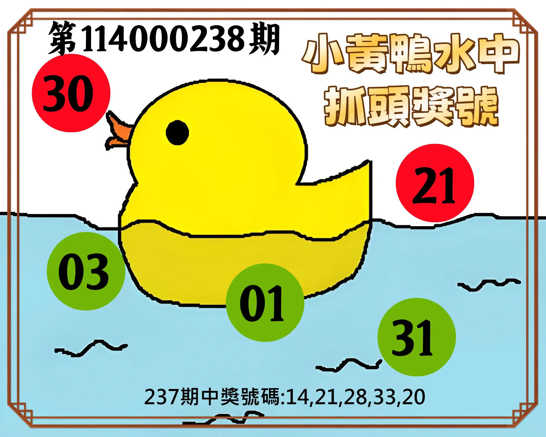 今彩539第114000238期(10/01)小黃鴨水中抓頭獎號