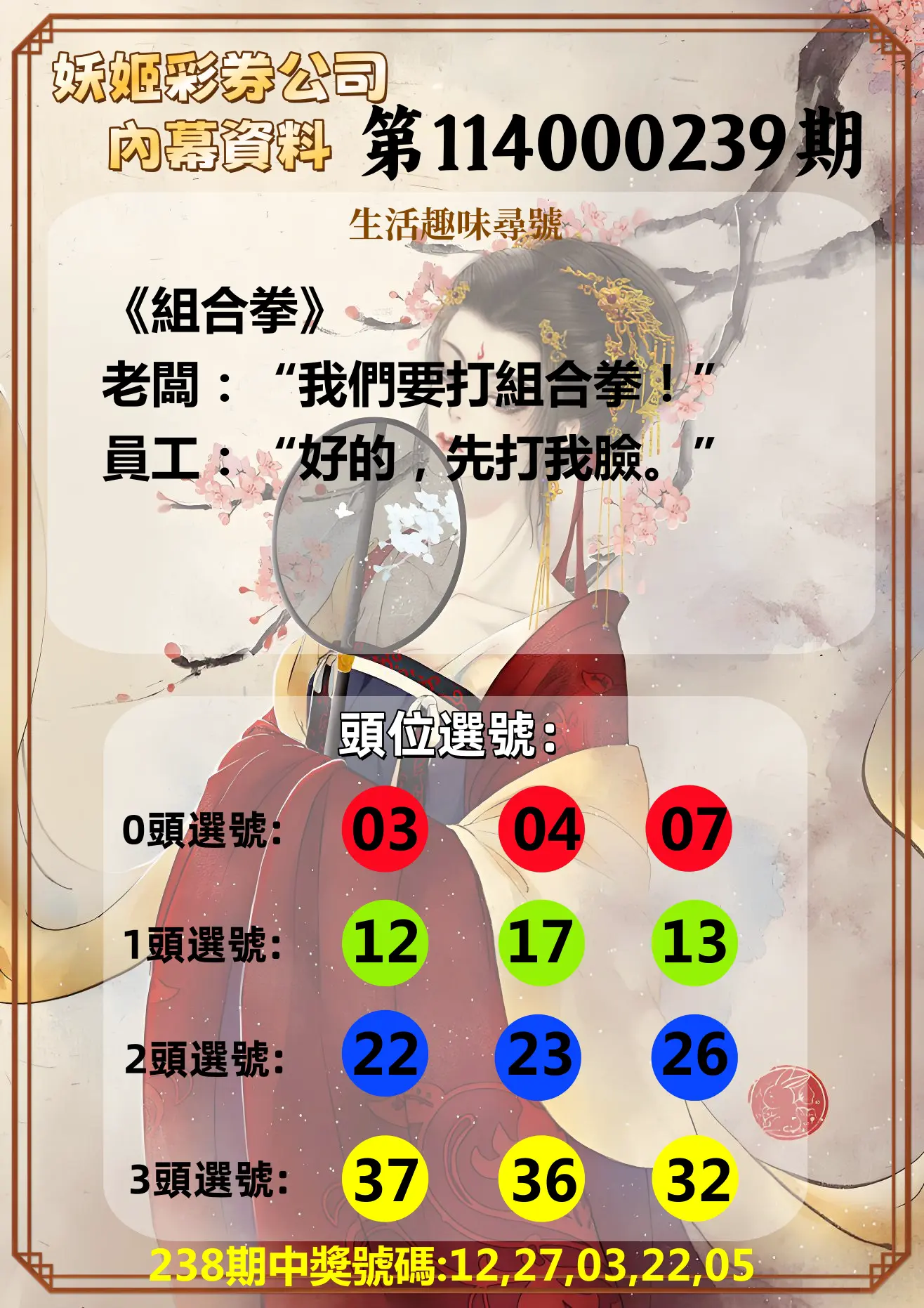 今彩539第114000239期(10/02)妖姬彩券公司內幕資料