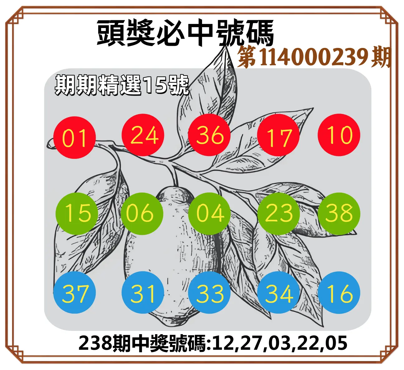 今彩539第114000239期(10/02)頭獎號碼