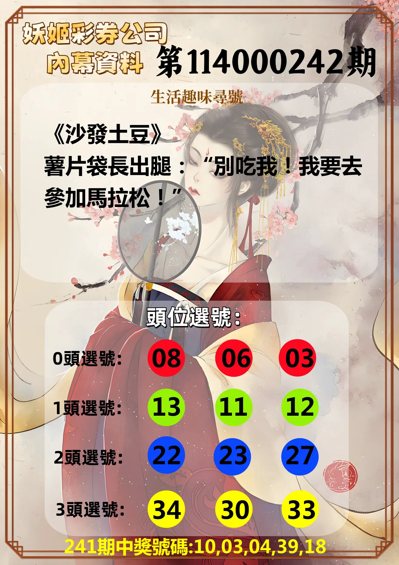 今彩539第114000242期(10/06)妖姬彩券公司內幕資料