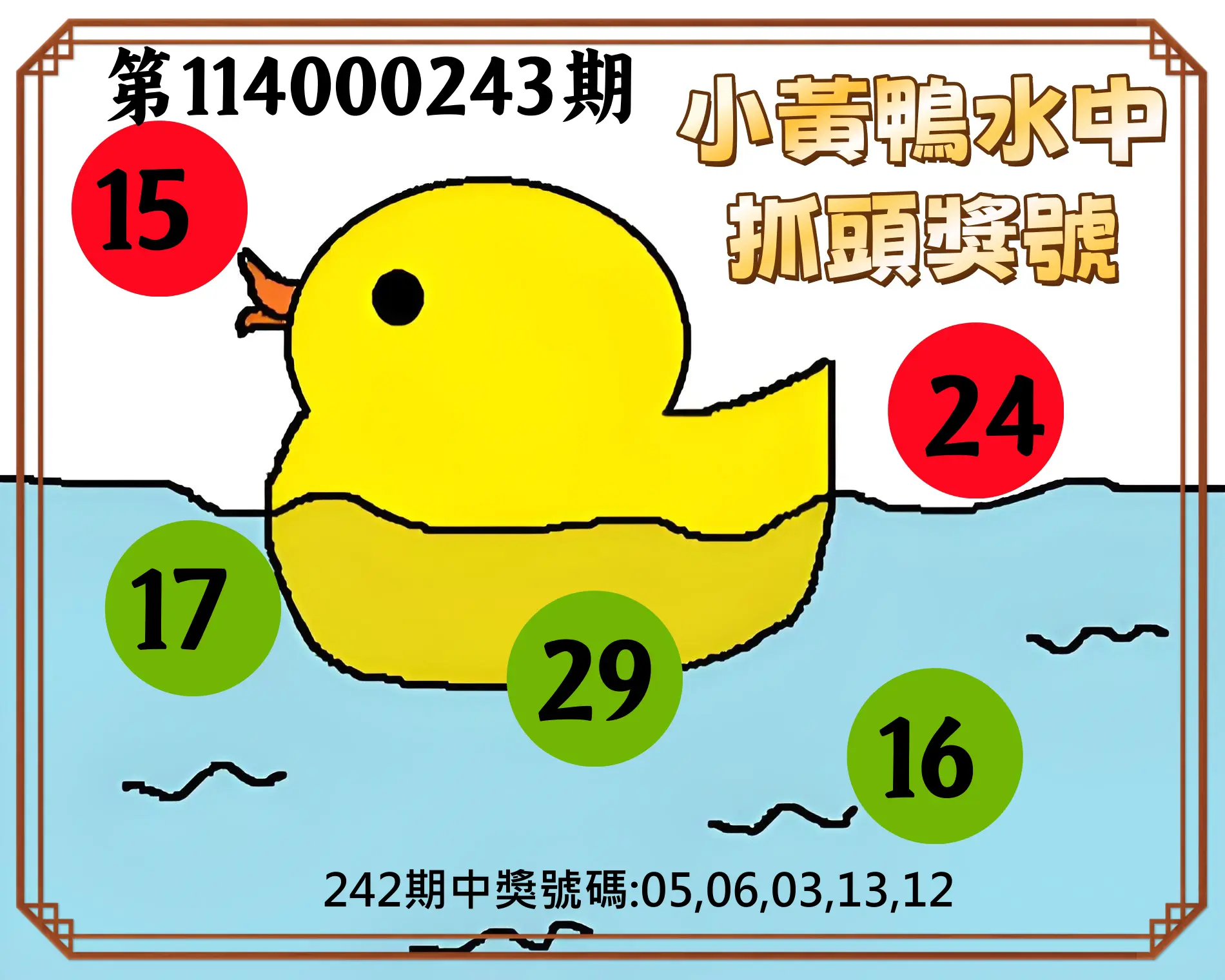 今彩539第114000243期(10/07)小黃鴨水中抓頭獎號