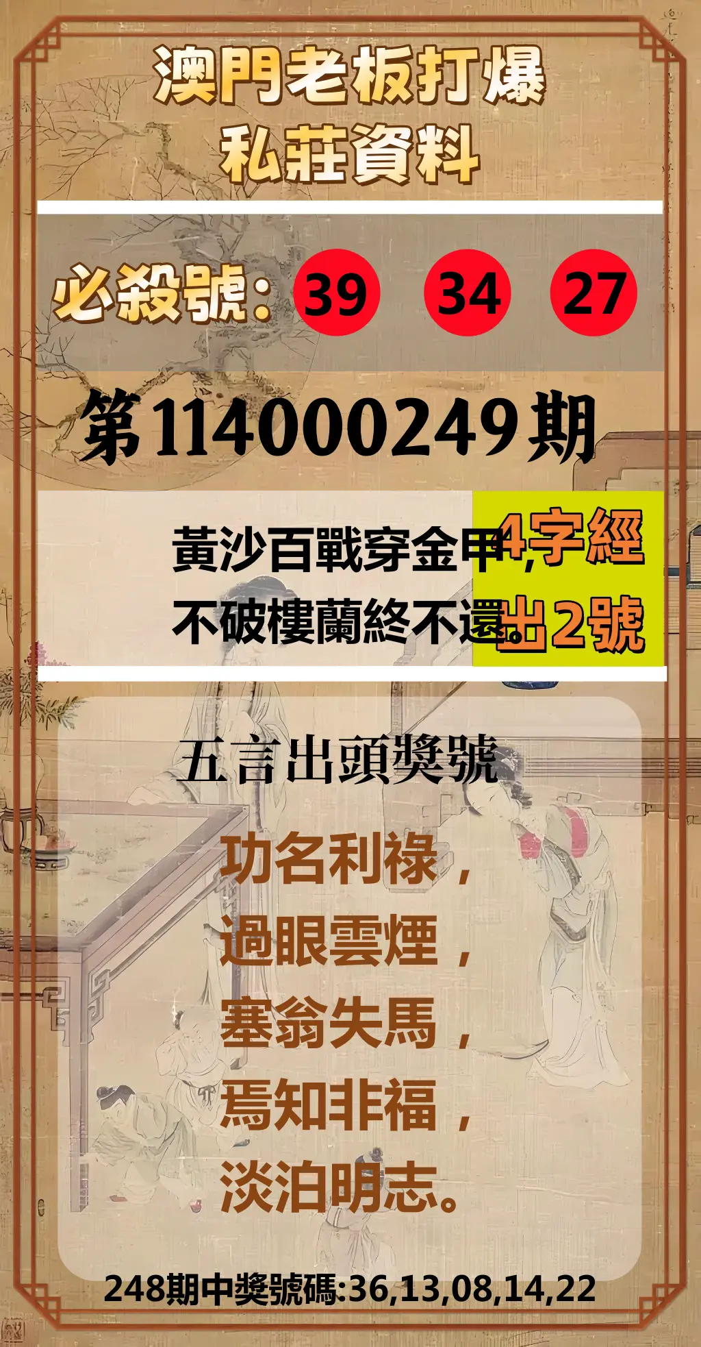 今彩539第114000249期(10/14)澳門老板打爆私莊資料