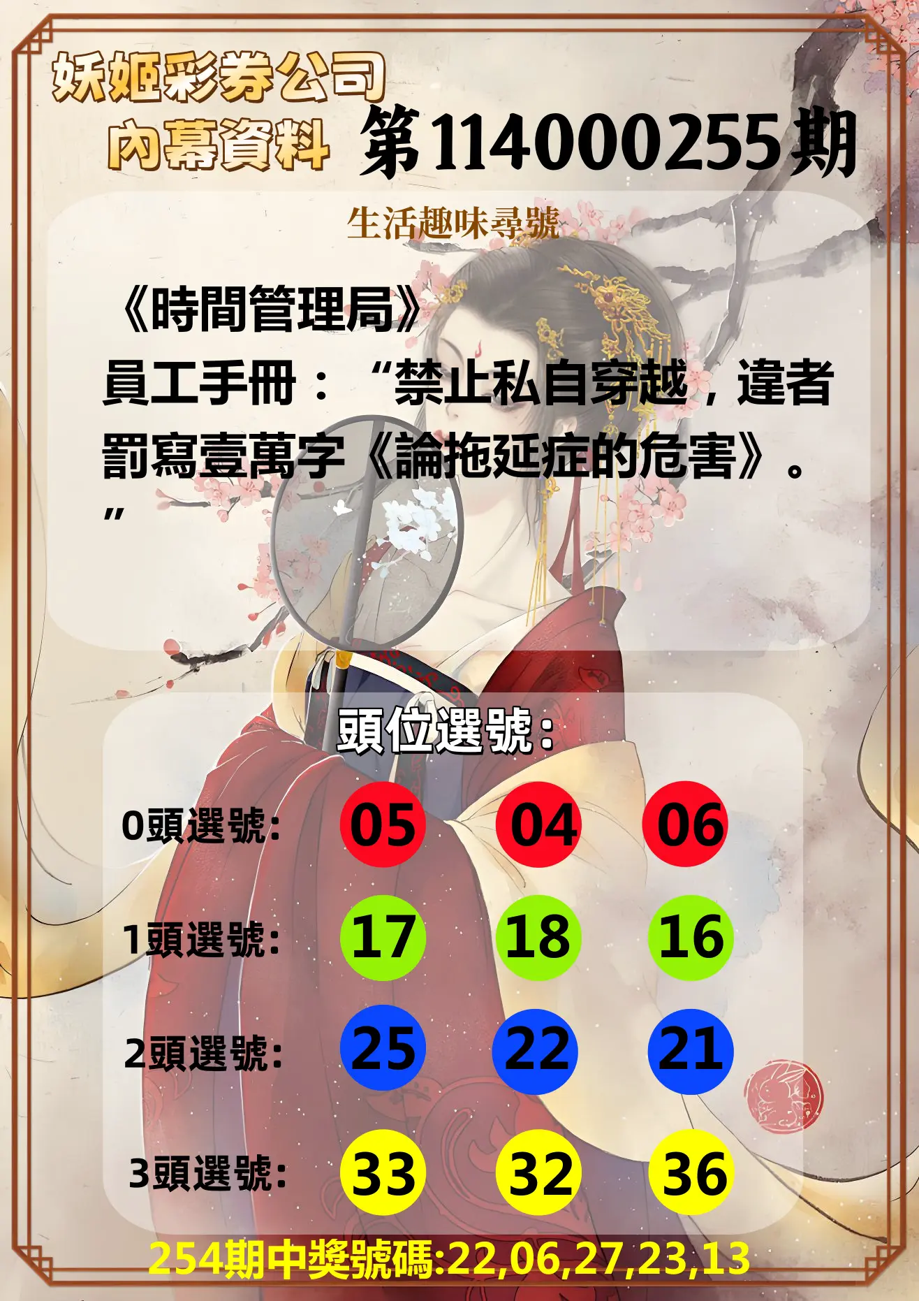 今彩539第114000255期(10/21)妖姬彩券公司內幕資料