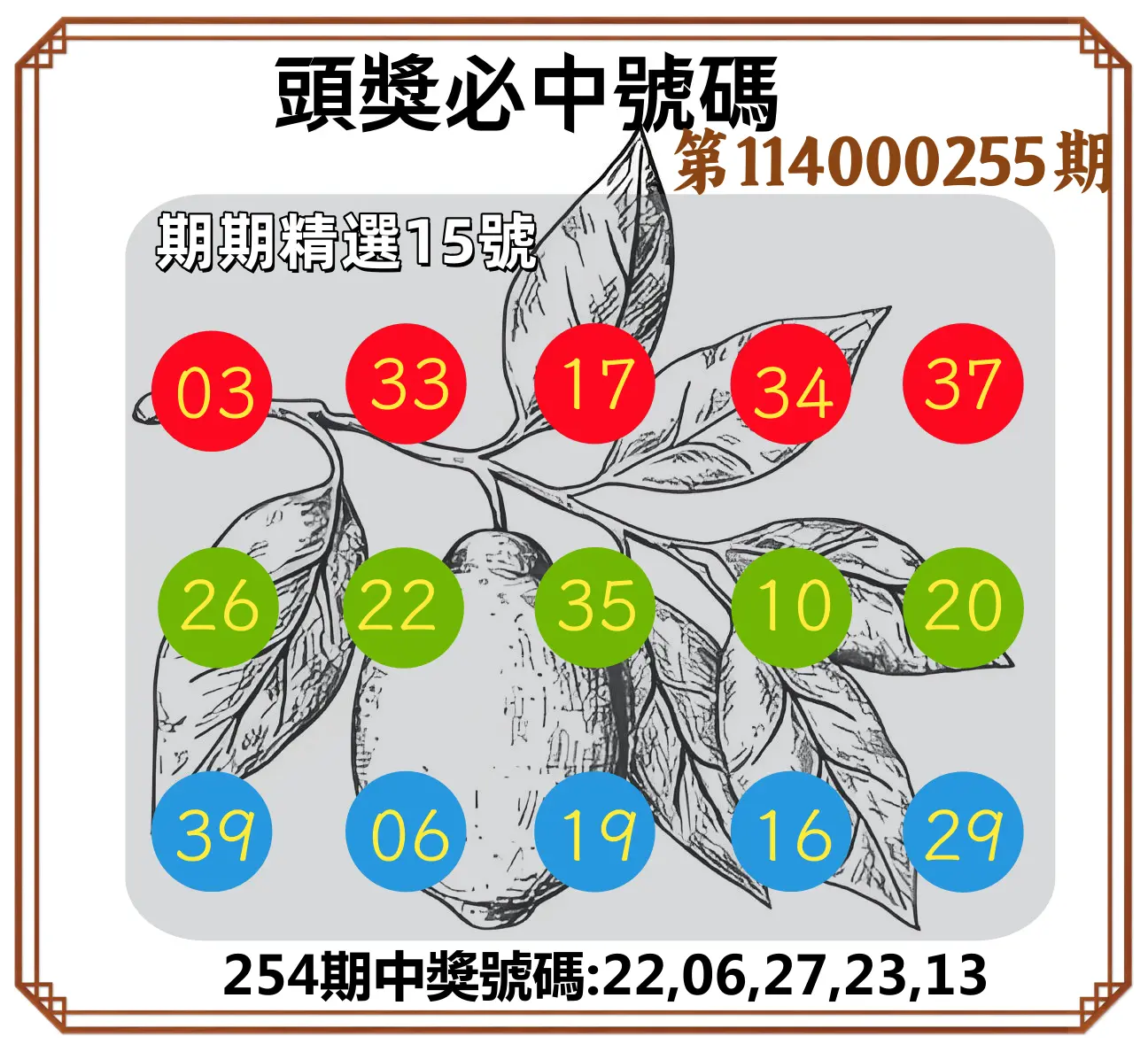 今彩539第114000255期(10/21)頭獎號碼