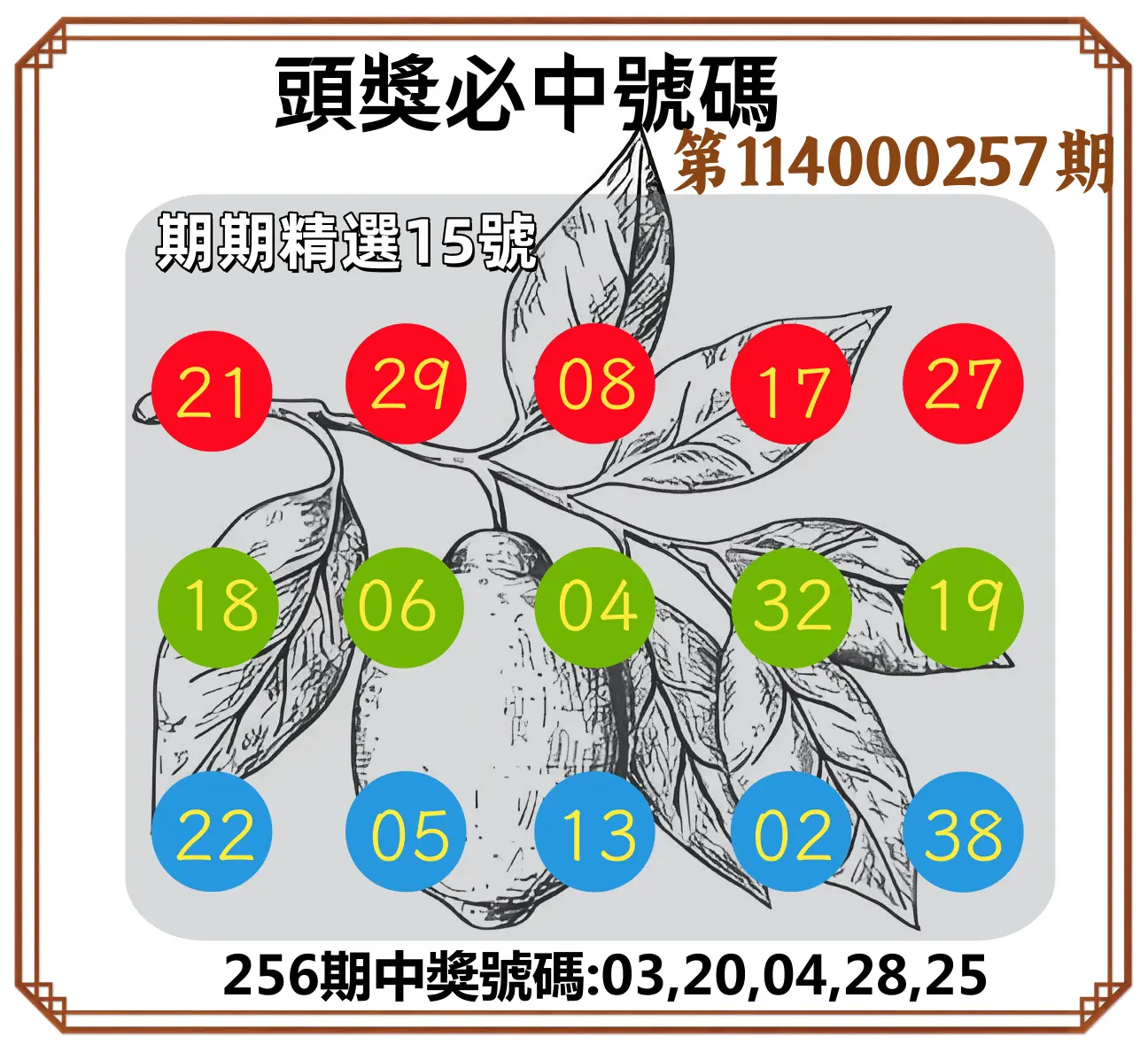 今彩539第114000257期(10/23)頭獎號碼