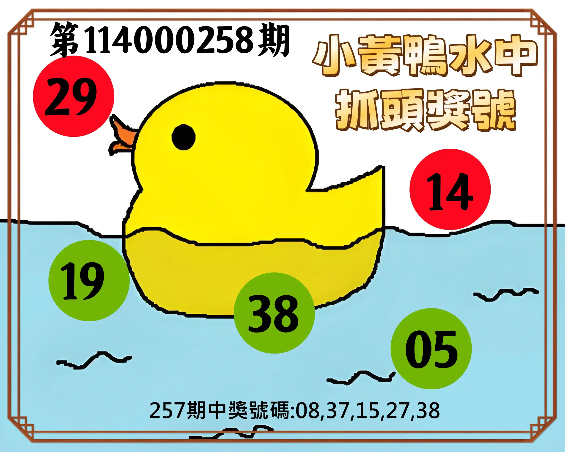 今彩539第114000258期(10/24)小黃鴨水中抓頭獎號