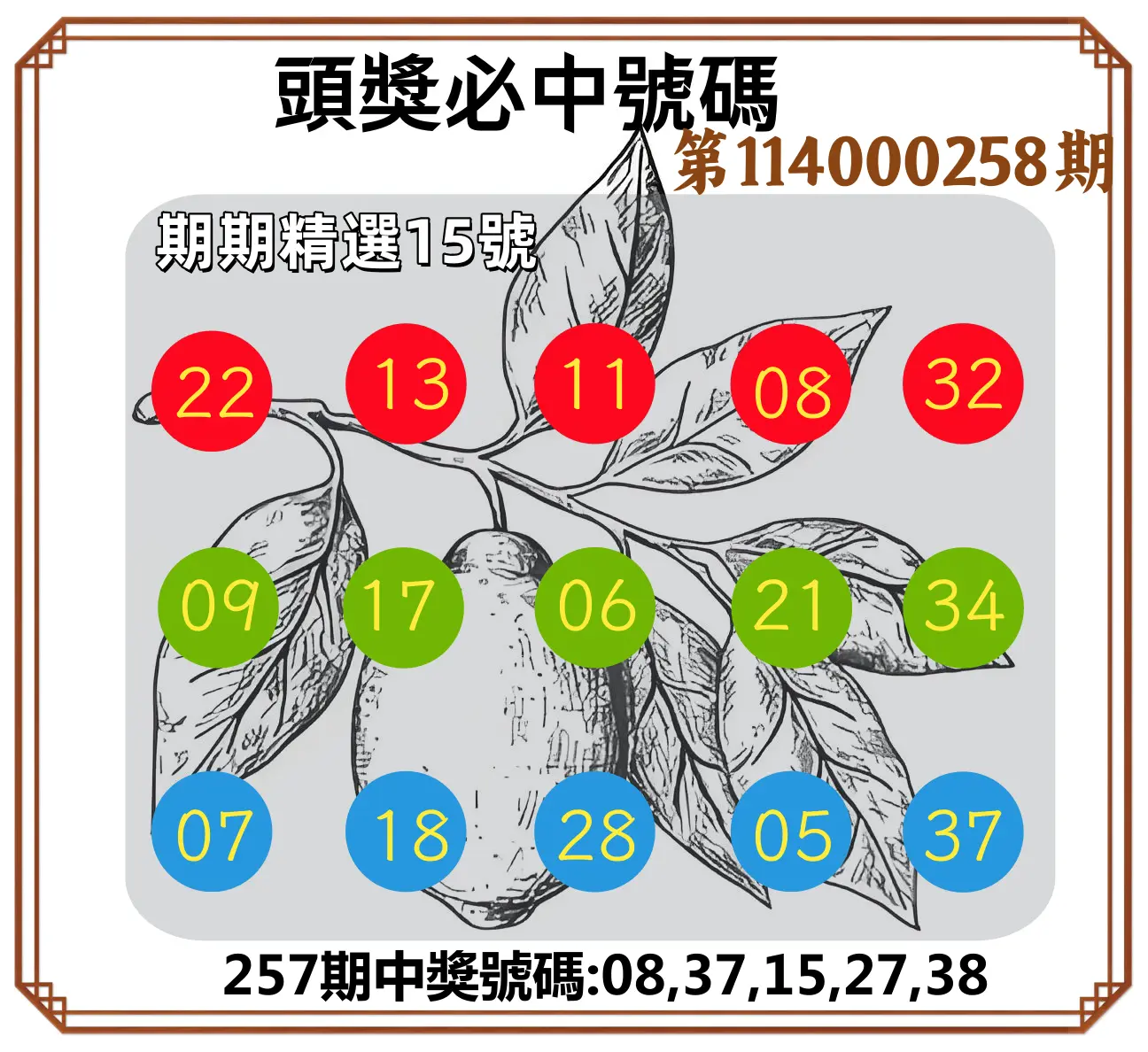 今彩539第114000258期(10/24)頭獎號碼