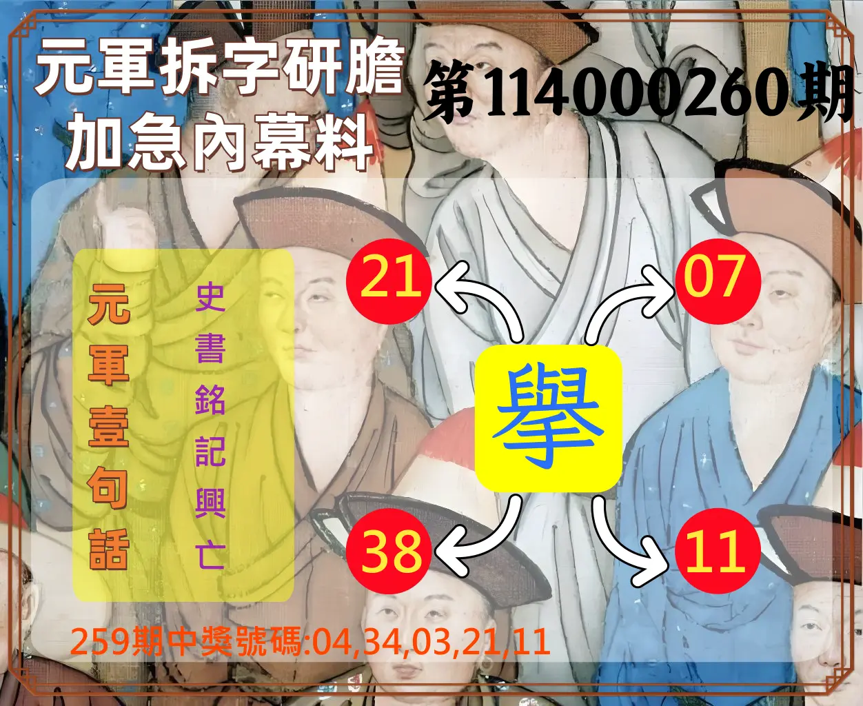 今彩539第114000260期(10/27)元軍拆字研膽加急內幕料