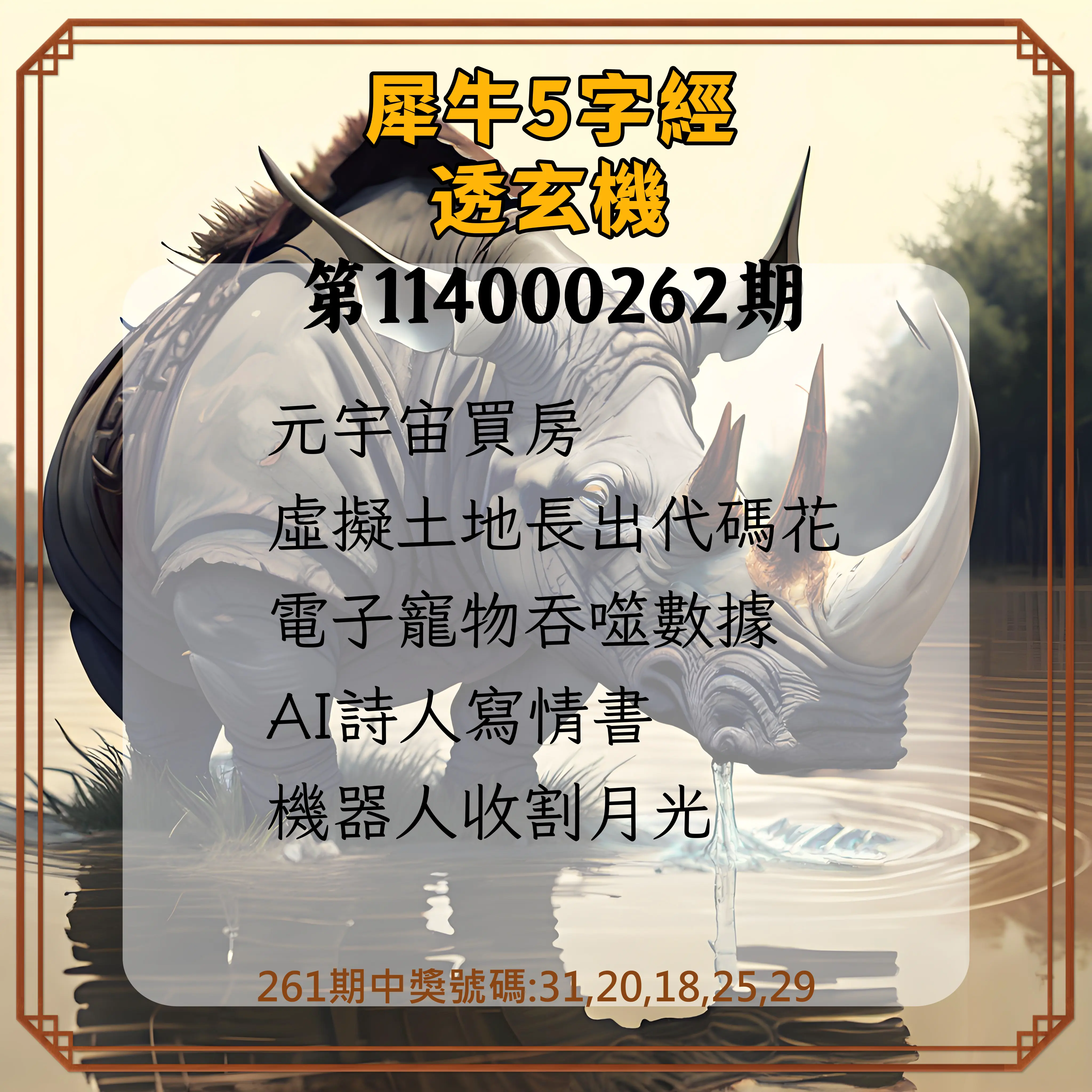 今彩539第114000262期(10/29)犀牛5字經透玄機