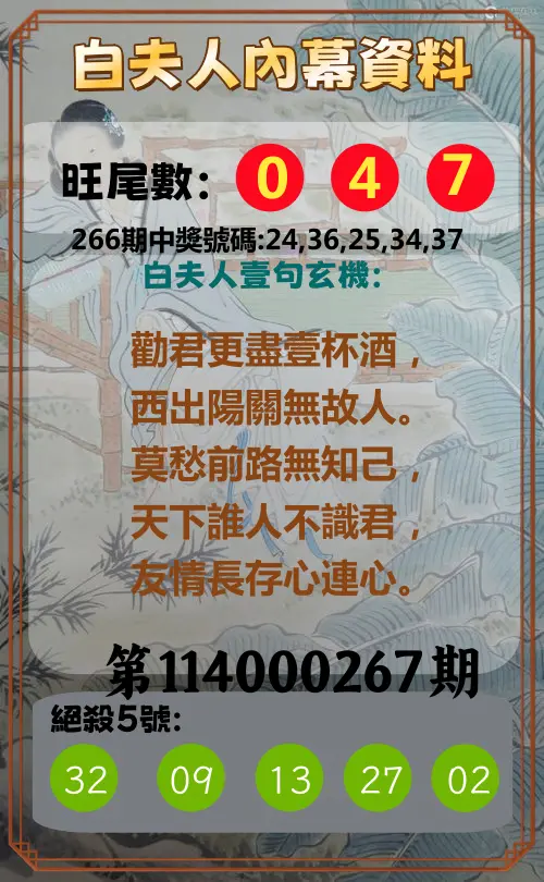 今彩539第114000267期(11/04)白夫人內幕資料